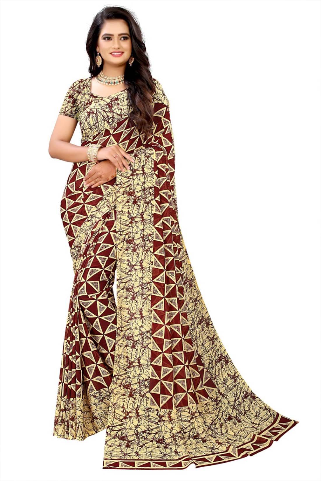 Maayro Georgette Printed Saree With Unstitched Blouse Piece ( Maroon ) Maayro Georgette Printed Saree With Unstitched Blouse Piece ( Maroon )