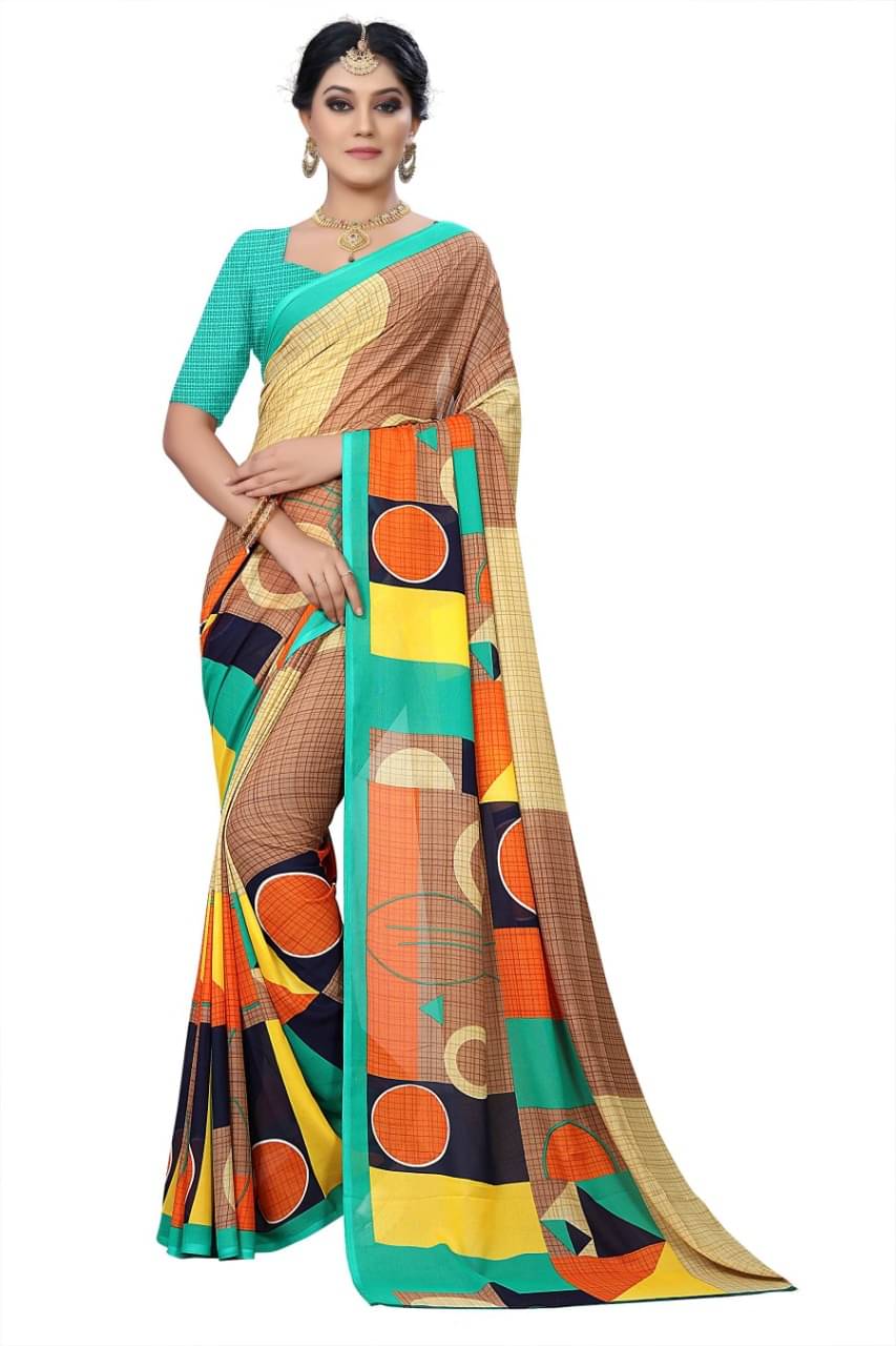 Maayro Georgette Printed Saree With Unstitched Blouse Piece ( Beige ) Maayro Georgette Printed Saree With Unstitched Blouse Piece ( Beige )