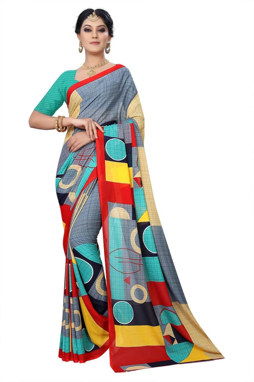     			Maayro Georgette Printed Saree With Unstitched Blouse Piece ( Grey )