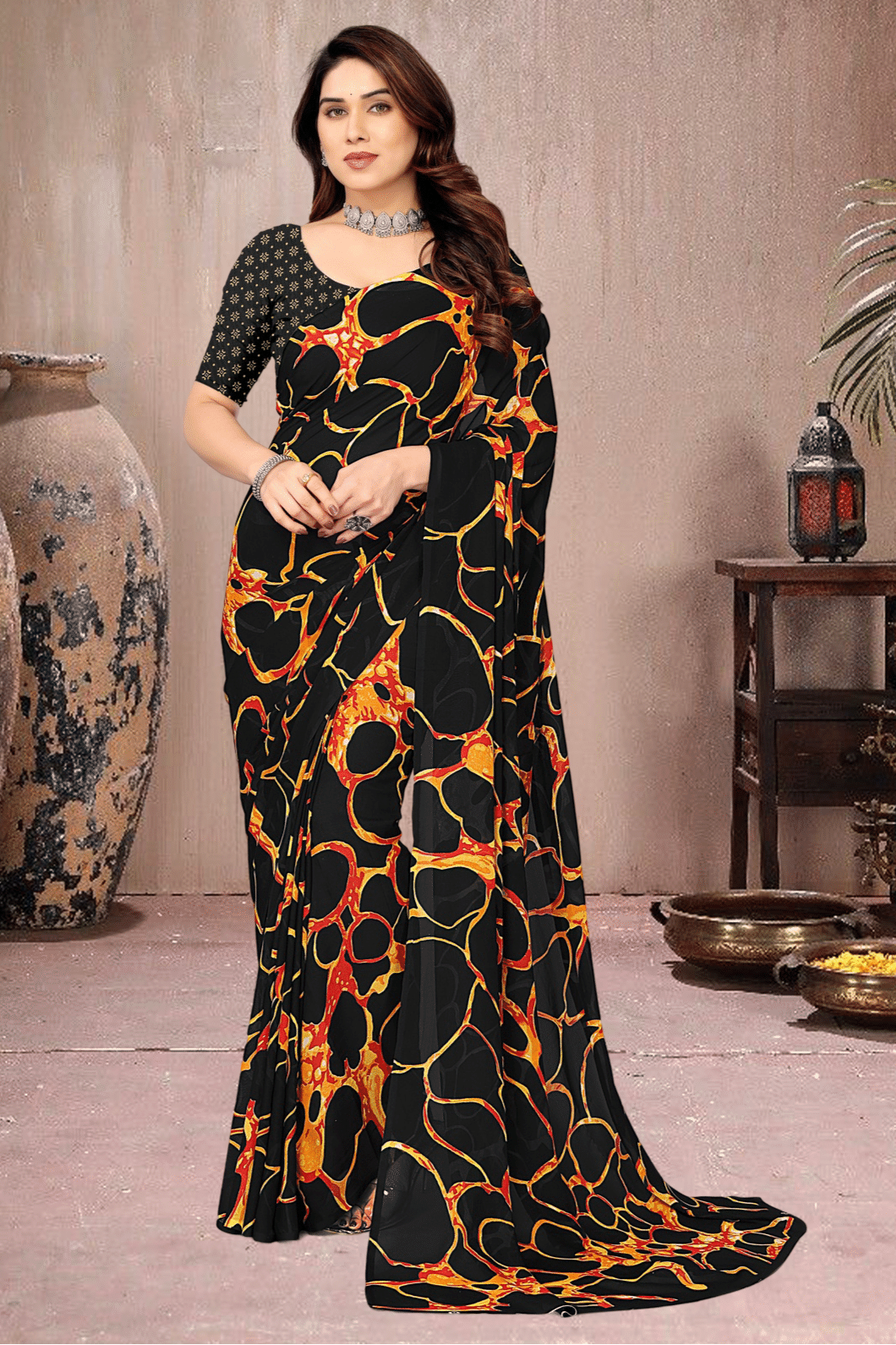     			Maayro Georgette Printed Saree With Unstitched Blouse Piece ( Black )