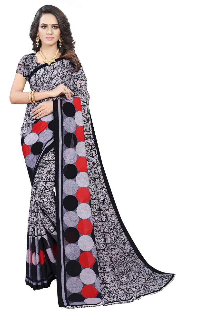 Maayro Georgette Printed Saree With Unstitched Blouse Piece ( Grey ) Maayro Georgette Printed Saree With Unstitched Blouse Piece ( Grey )