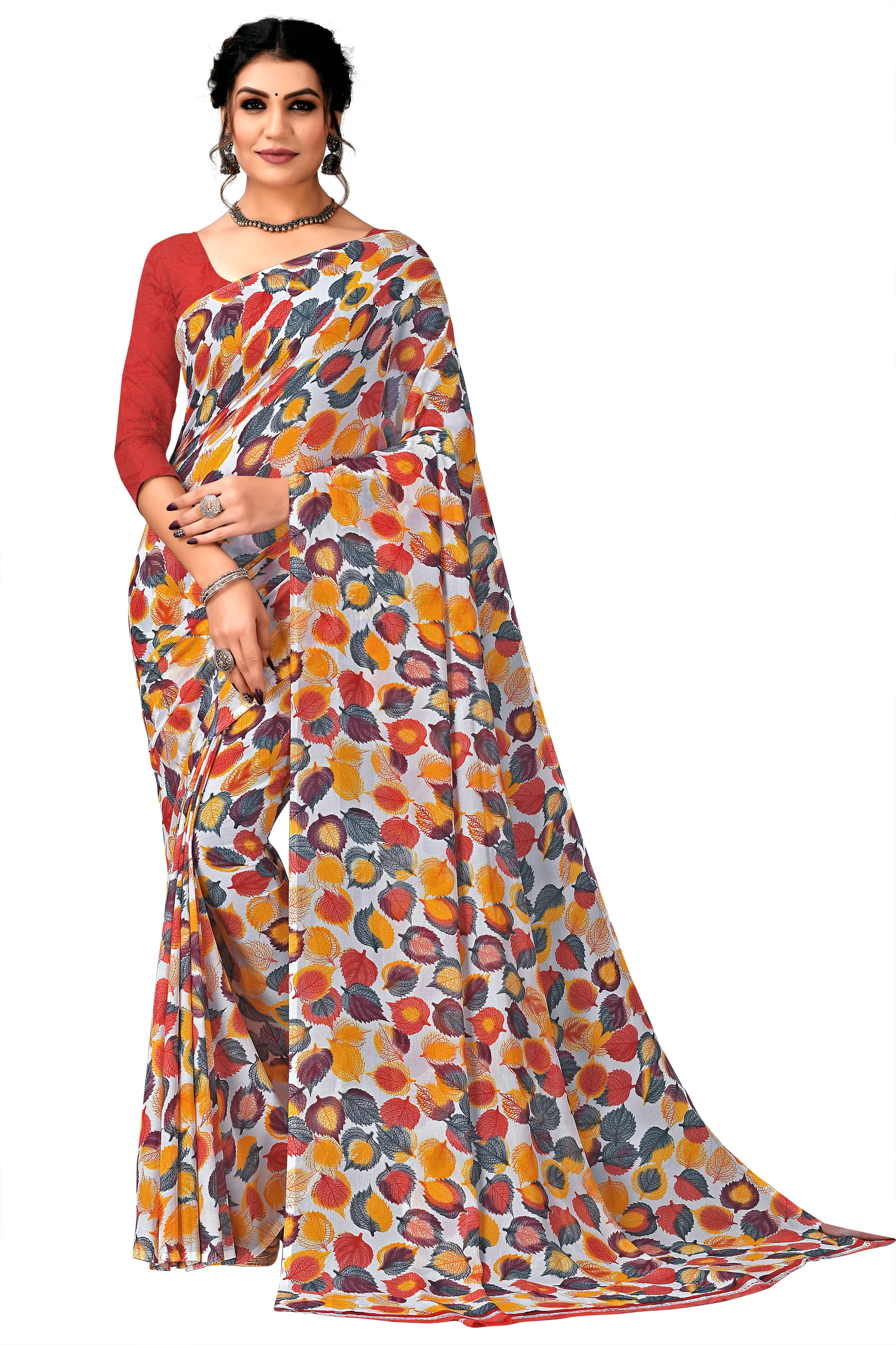     			Maayro Georgette Printed Saree With Unstitched Blouse Piece ( Multicolor )