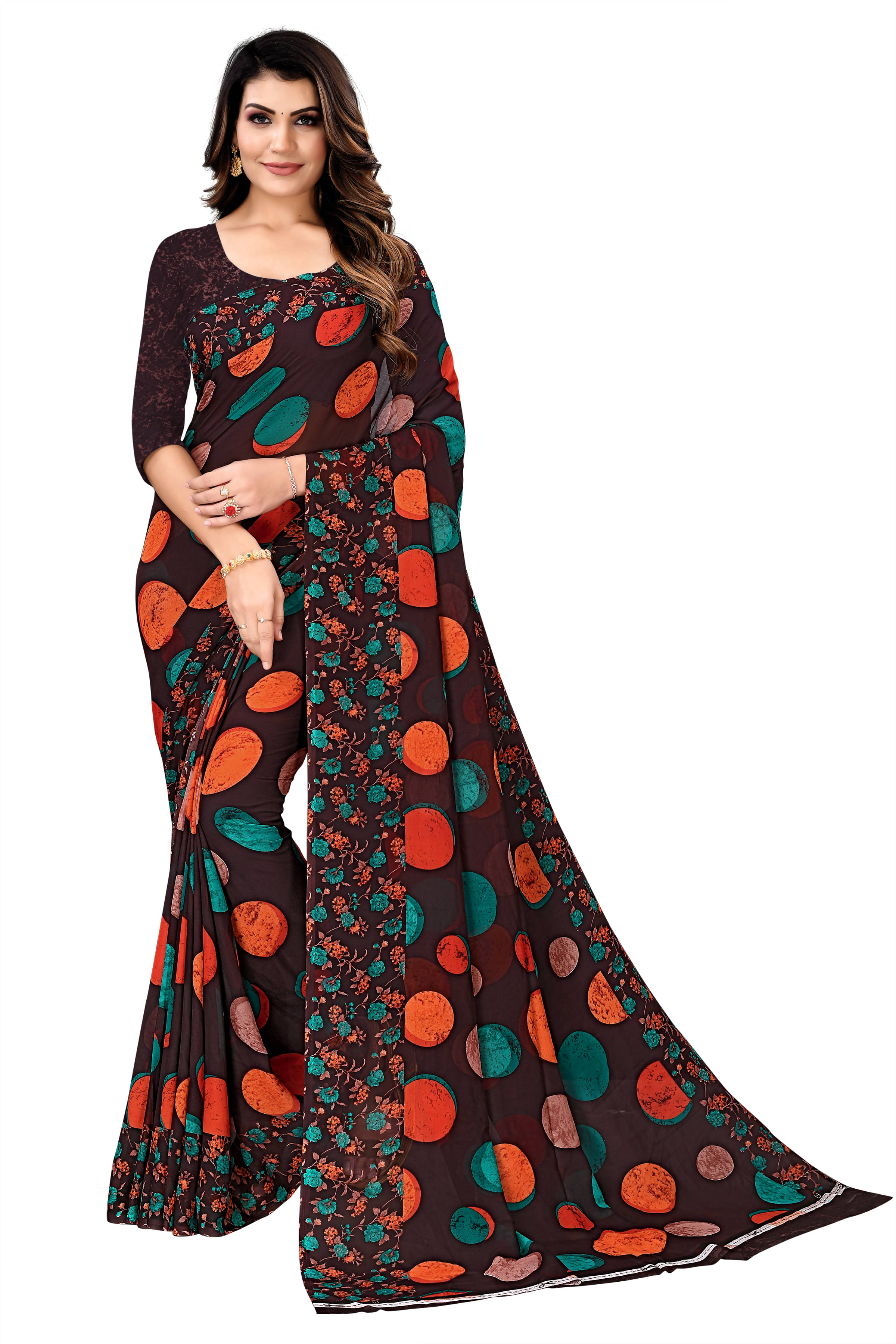     			Maayro Georgette Printed Saree With Unstitched Blouse Piece ( Brown )