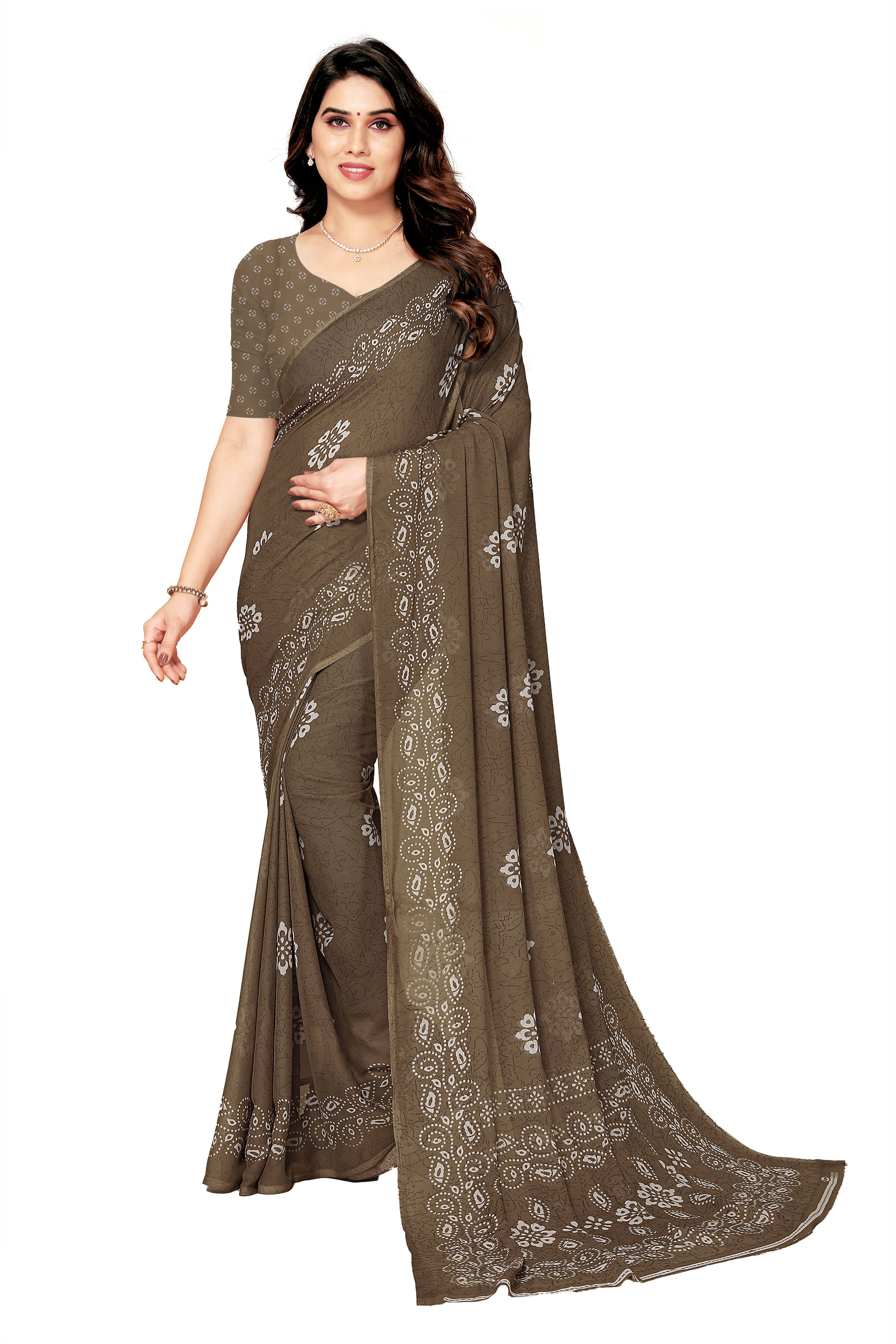    			Maayro Georgette Printed Saree With Unstitched Blouse Piece ( Brown )