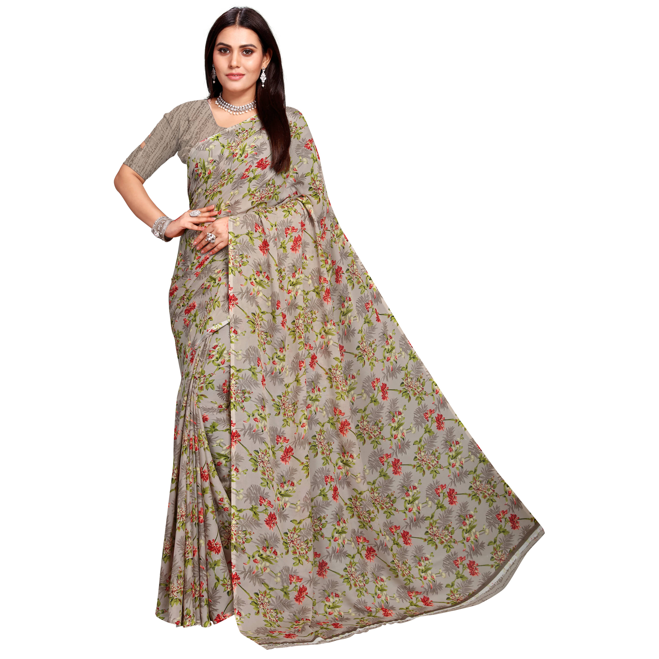 Maayro Georgette Printed Saree With Unstitched Blouse Piece ( Beige ) Maayro Georgette Printed Saree With Unstitched Blouse Piece ( Beige )