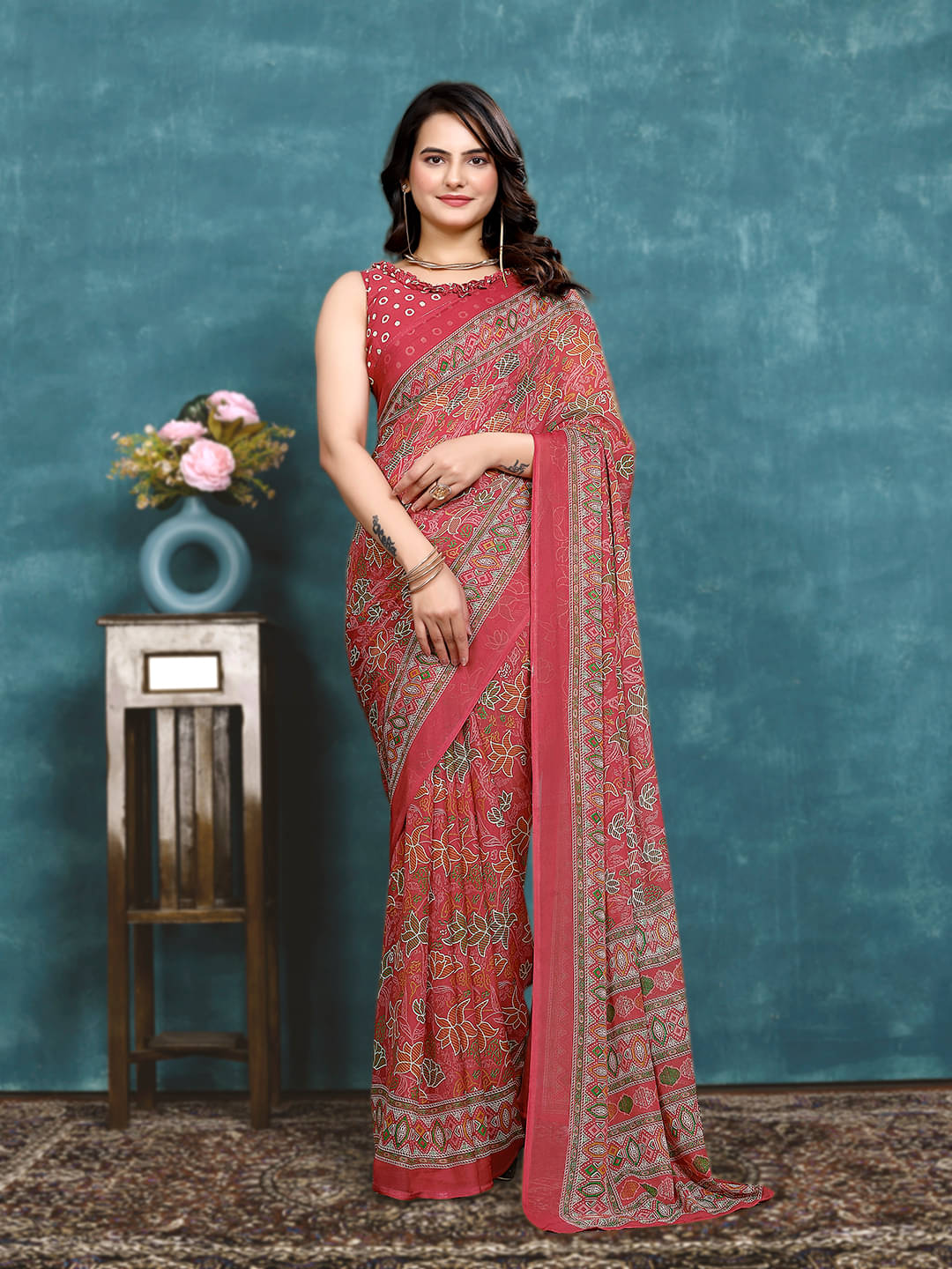 Maayro Georgette Printed Saree With Unstitched Blouse Piece ( Peach ) Maayro Georgette Printed Saree With Unstitched Blouse Piece ( Peach )