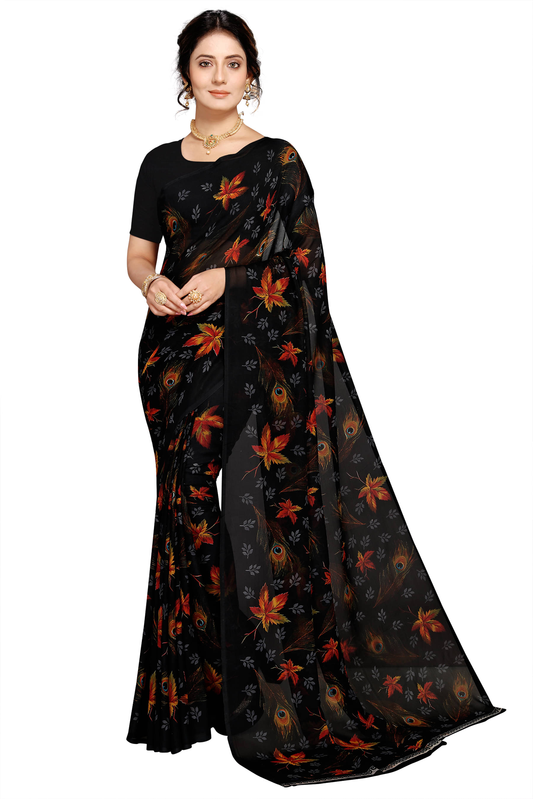     			Maayro Georgette Printed Saree With Unstitched Blouse Piece ( Beige )