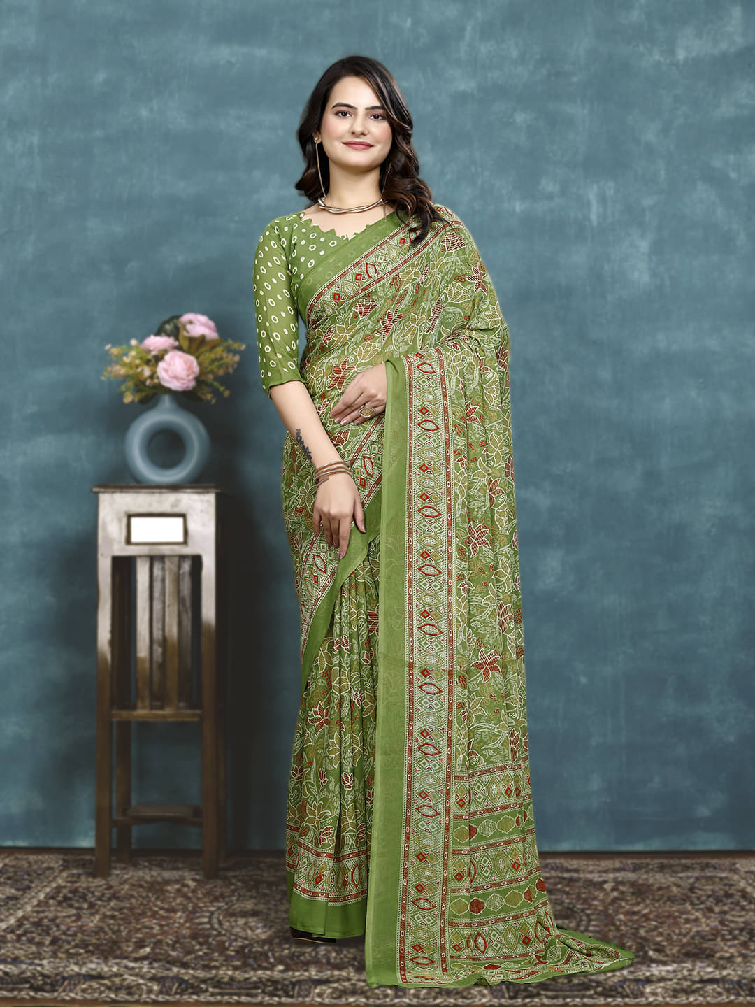     			Maayro Georgette Printed Saree With Unstitched Blouse Piece ( Light Green )