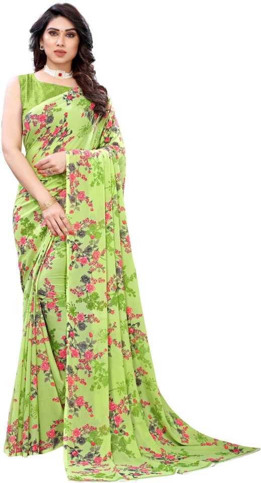 Maayro Georgette Printed Saree With Unstitched Blouse Piece ( Lime Green ) Maayro Georgette Printed Saree With Unstitched Blouse Piece ( Lime Green )