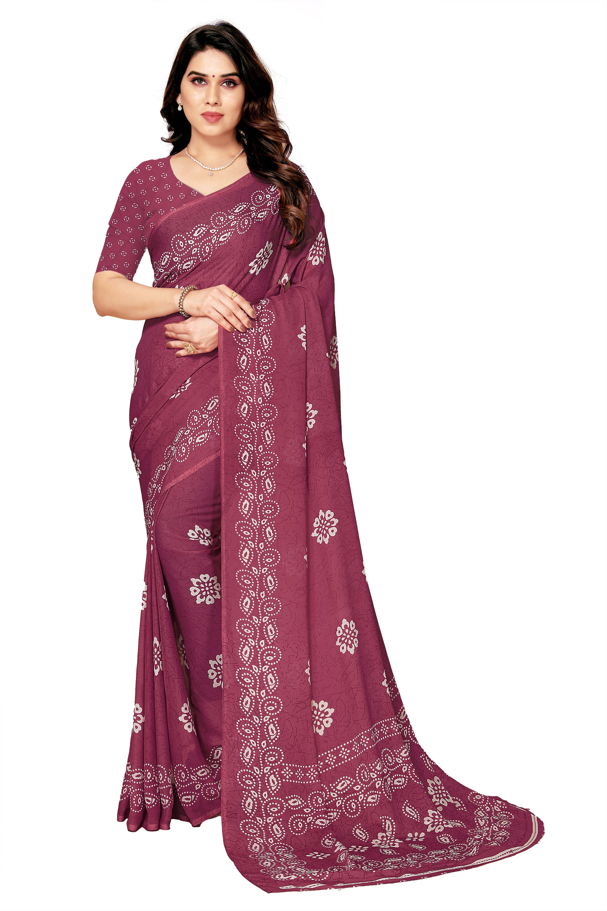 Maayro Georgette Printed Saree With Unstitched Blouse Piece ( Wine ) Maayro Georgette Printed Saree With Unstitched Blouse Piece ( Wine )