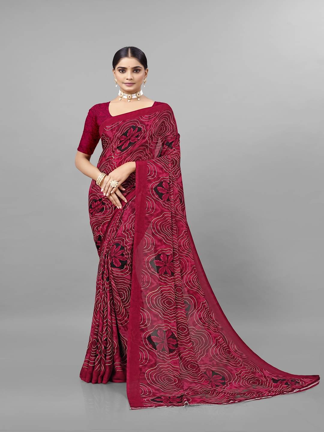 Maayro Georgette Printed Saree With Unstitched Blouse Piece ( Maroon ) Maayro Georgette Printed Saree With Unstitched Blouse Piece ( Maroon )