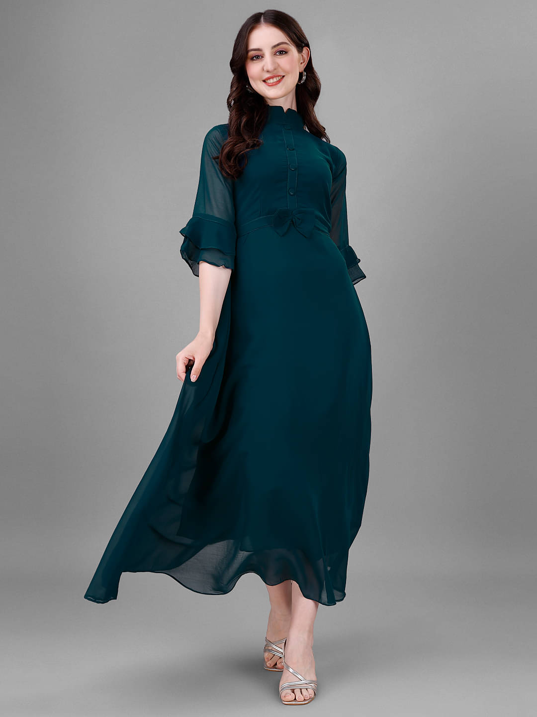 Raiyani enterprise Women's Georgette Solid Fit & Flare Dress ( Blue ) Raiyani enterprise Women's Georgette Solid Fit & Flare Dress ( Blue )
