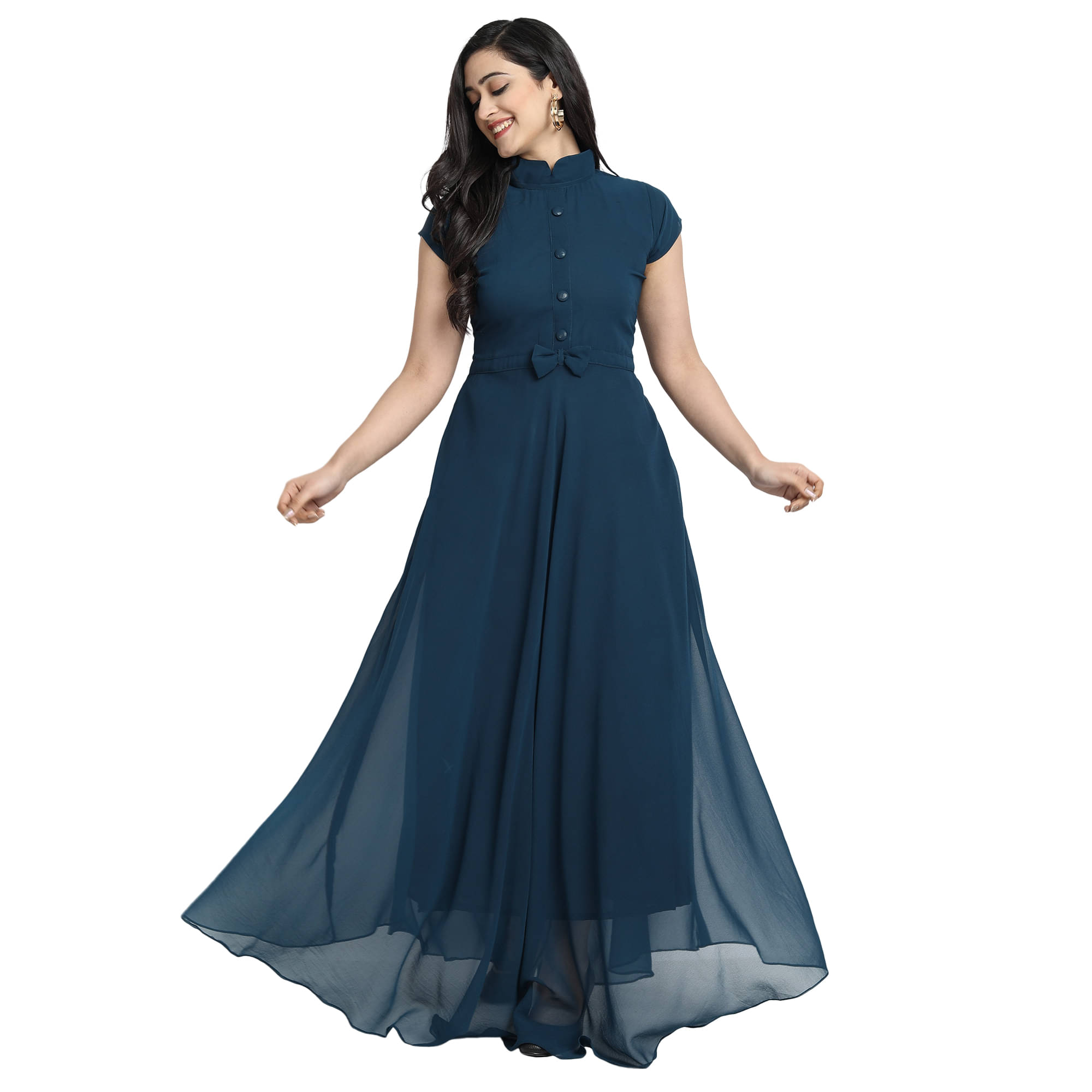     			Raiyani enterprise Women's Georgette Solid Fit & Flare Dress ( Blue )