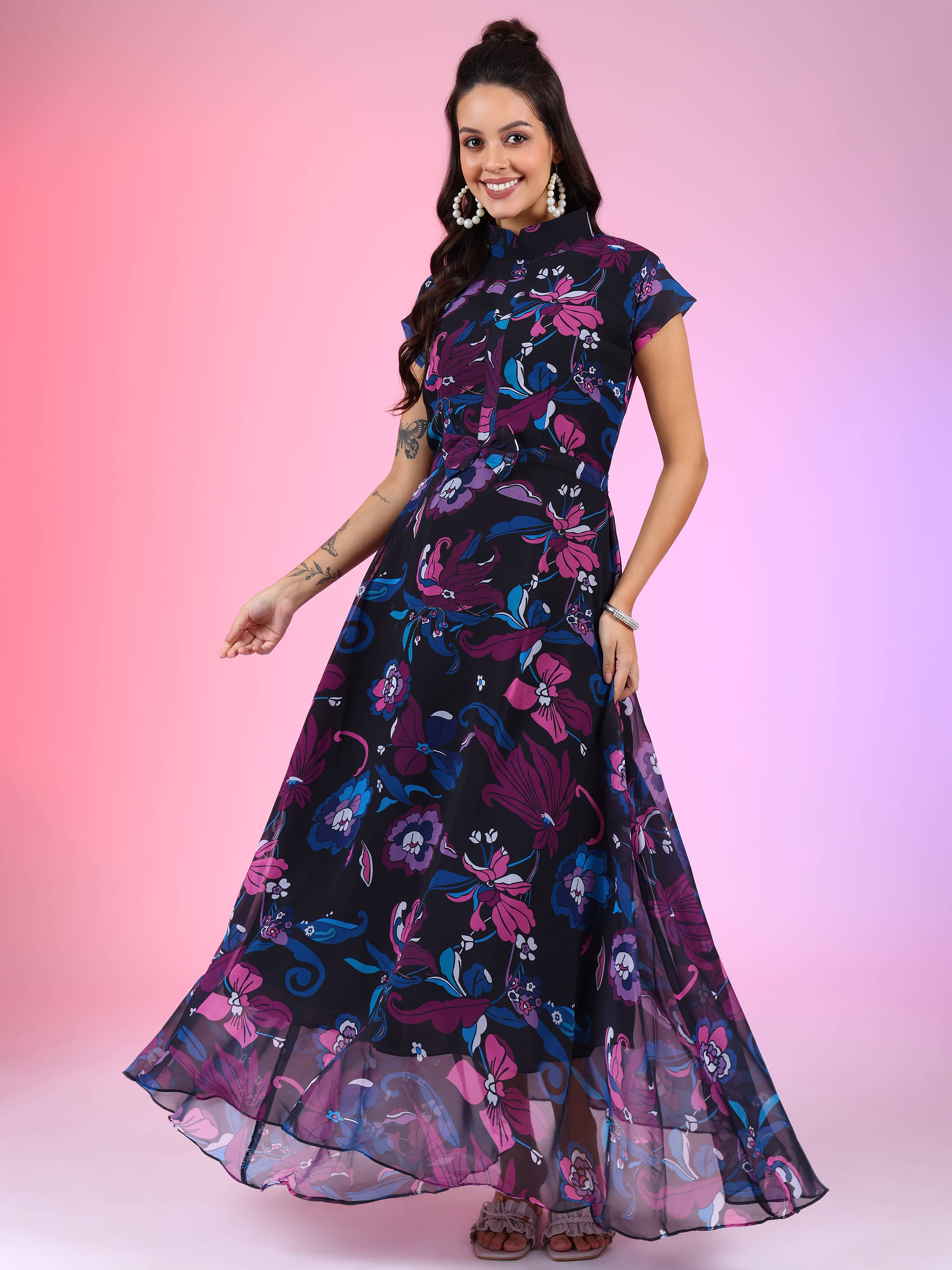 Raiyani enterprise Women's Georgette Solid Fit & Flare Dress ( Multicolor )     			Raiyani enterprise Women's Georgette Solid Fit & Flare Dress ( Multicolor )