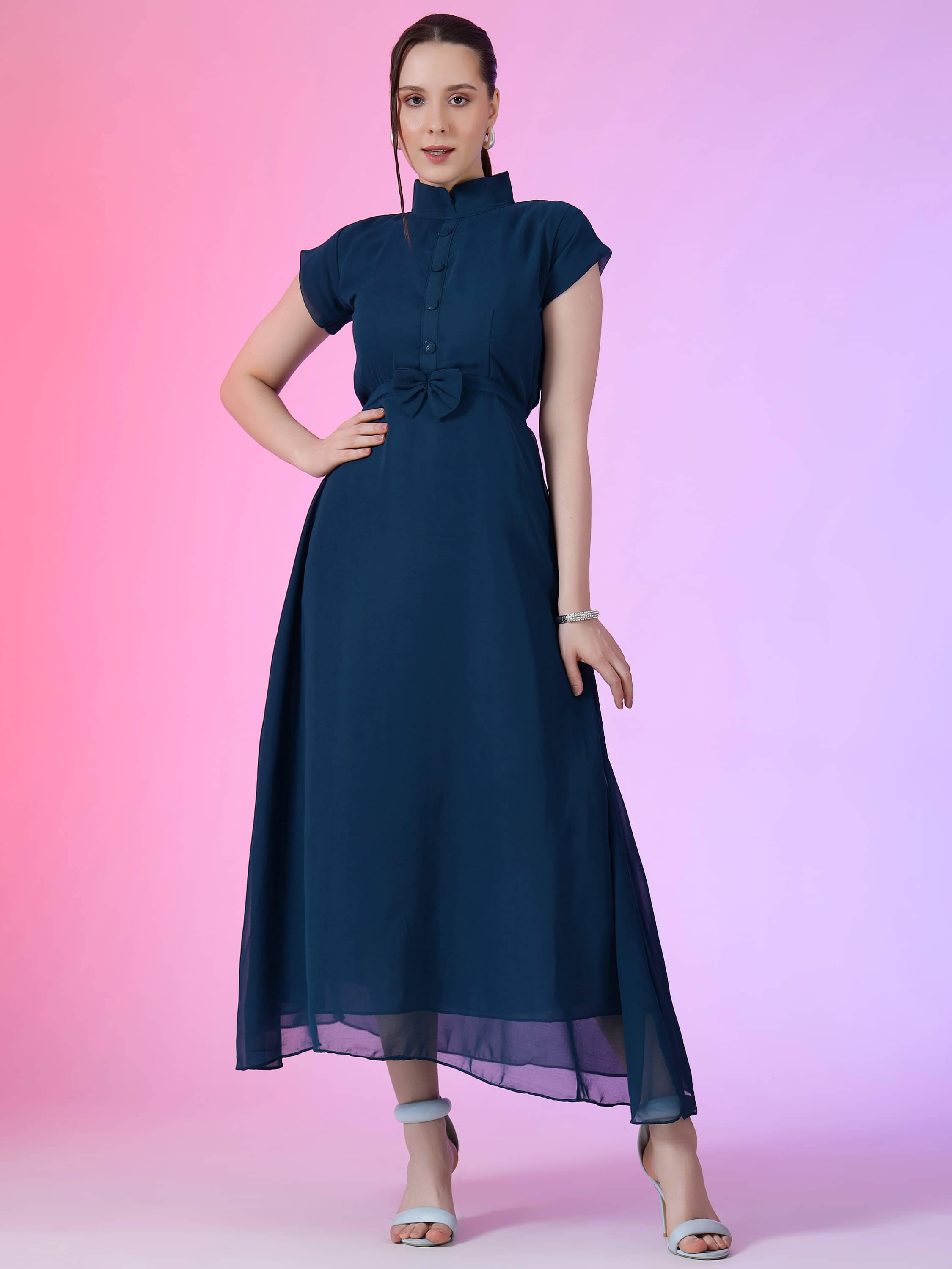 Raiyani enterprise Women's Georgette Solid Fit & Flare Dress ( Blue ) Raiyani enterprise Women's Georgette Solid Fit & Flare Dress ( Blue )