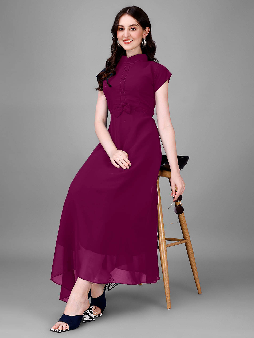    			Raiyani enterprise Women's Georgette Solid Fit & Flare Dress ( Wine )