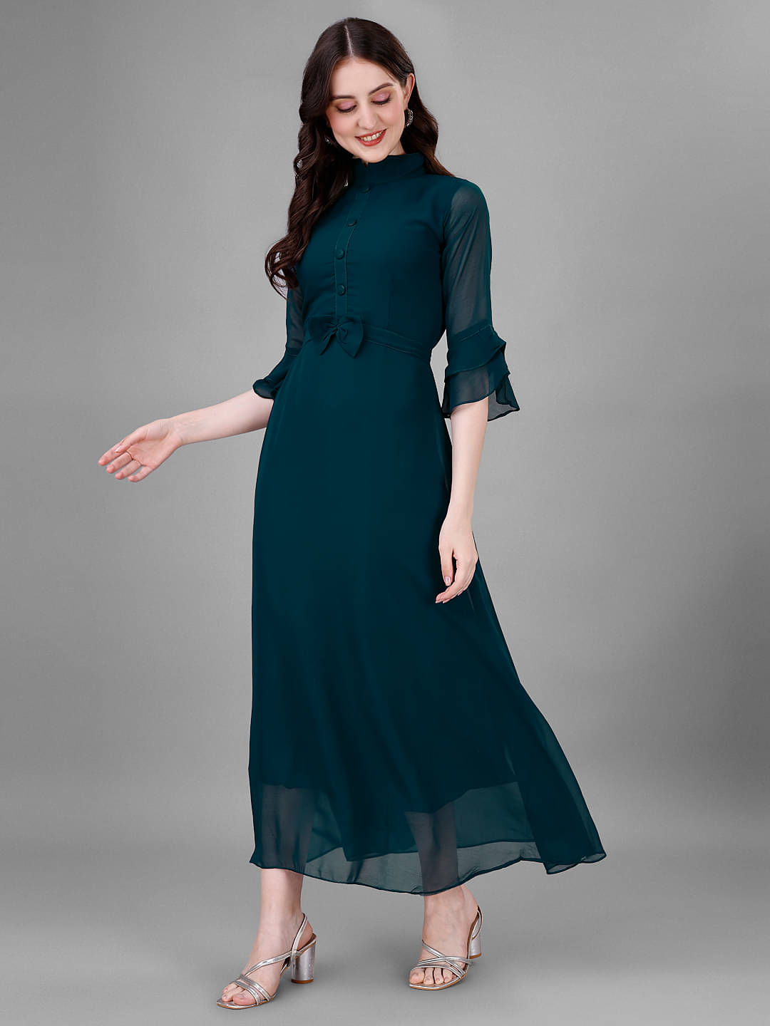     			Raiyani enterprise Women's Georgette Solid A-line Dress ( Blue )
