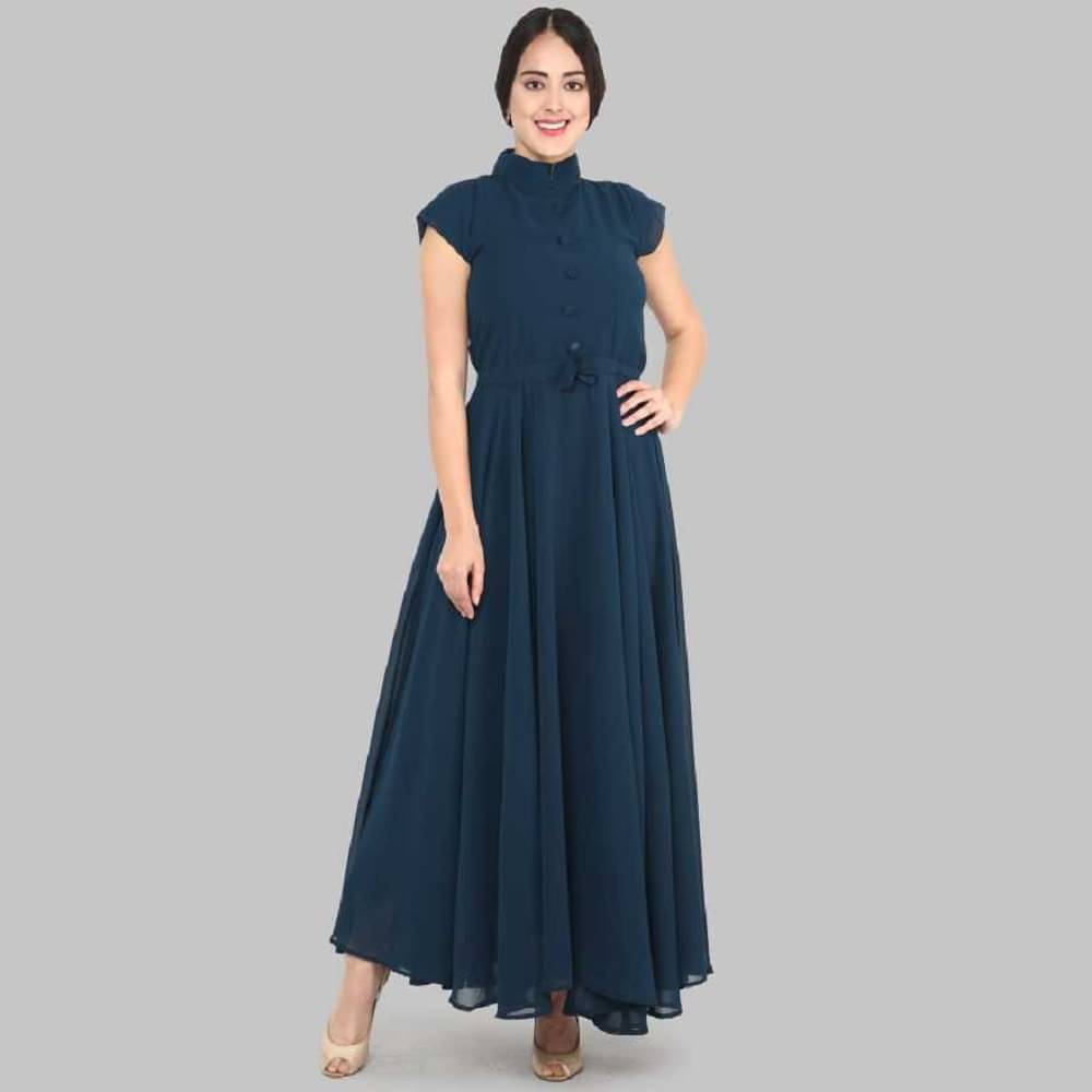 Raiyani enterprise Women's Georgette Solid Fit & Flare Dress ( Blue ) Raiyani enterprise Women's Georgette Solid Fit & Flare Dress ( Blue )