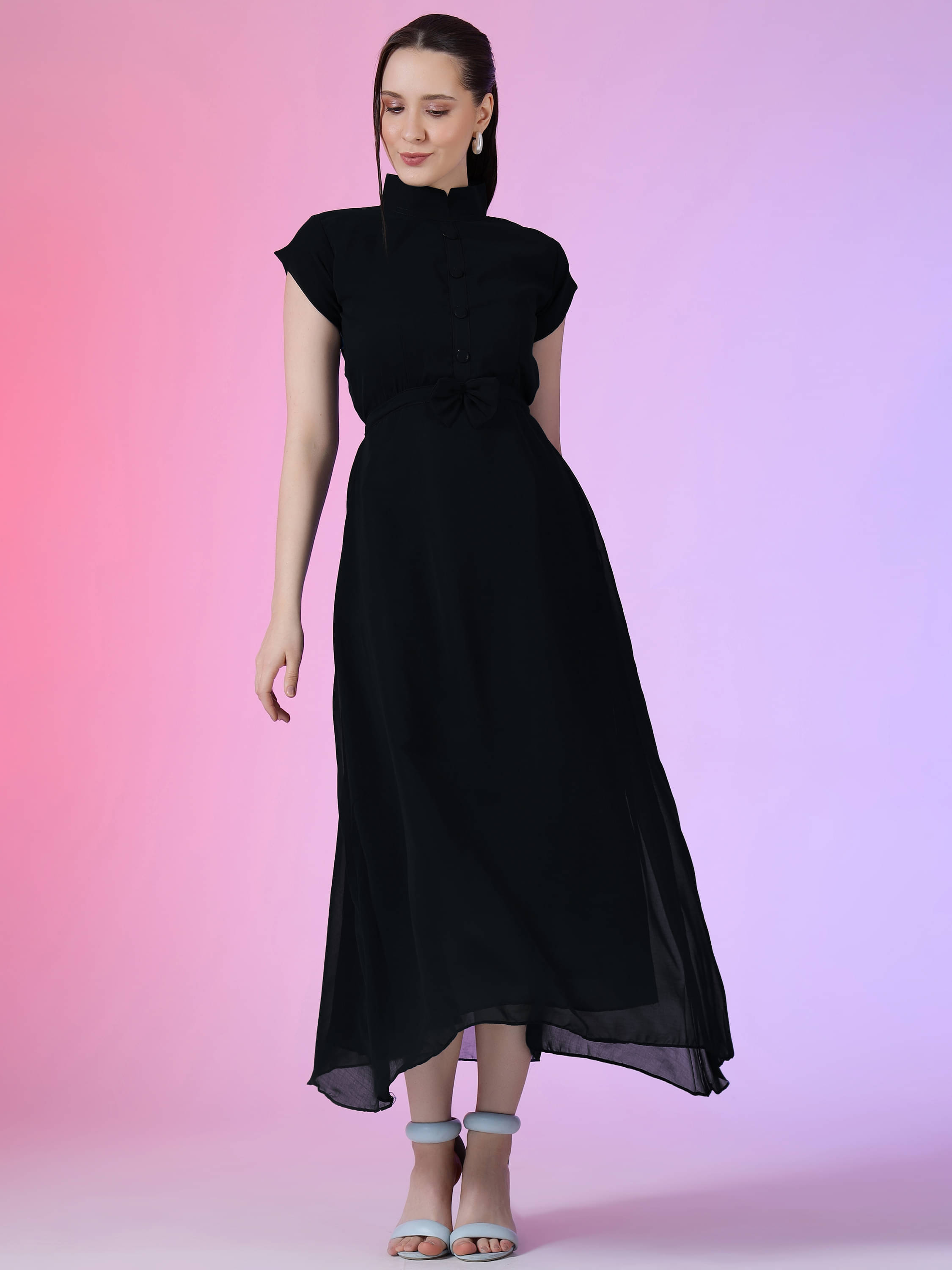 Raiyani enterprise Women's Georgette Solid Fit & Flare Dress ( Black ) Raiyani enterprise Women's Georgette Solid Fit & Flare Dress ( Black )