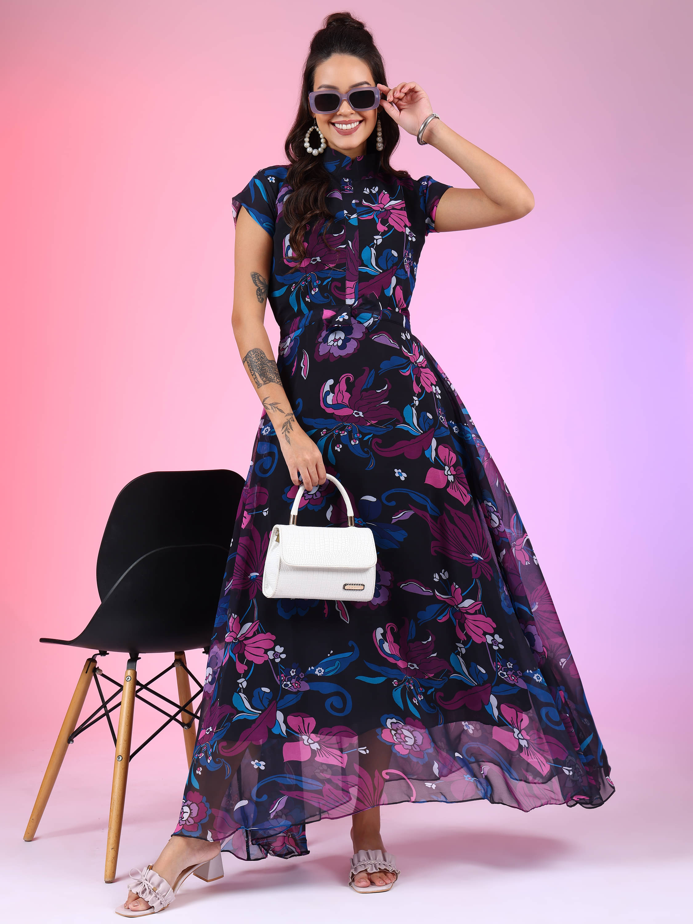 Raiyani enterprise Women's Georgette Solid Fit & Flare Dress ( Multicolor )     			Raiyani enterprise Women's Georgette Solid Fit & Flare Dress ( Multicolor )