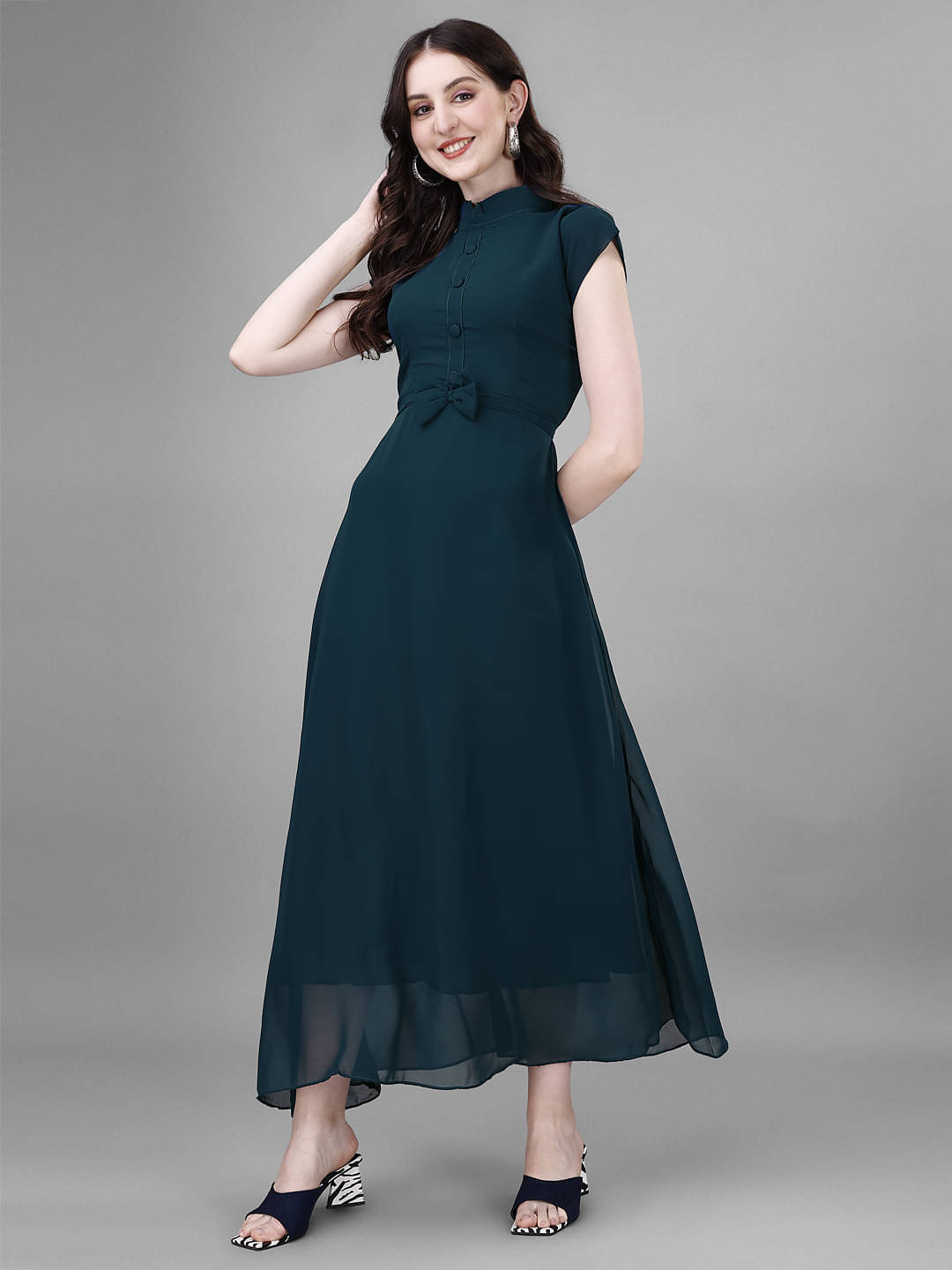     			Raiyani enterprise Women's Georgette Solid Fit & Flare Dress ( Blue )