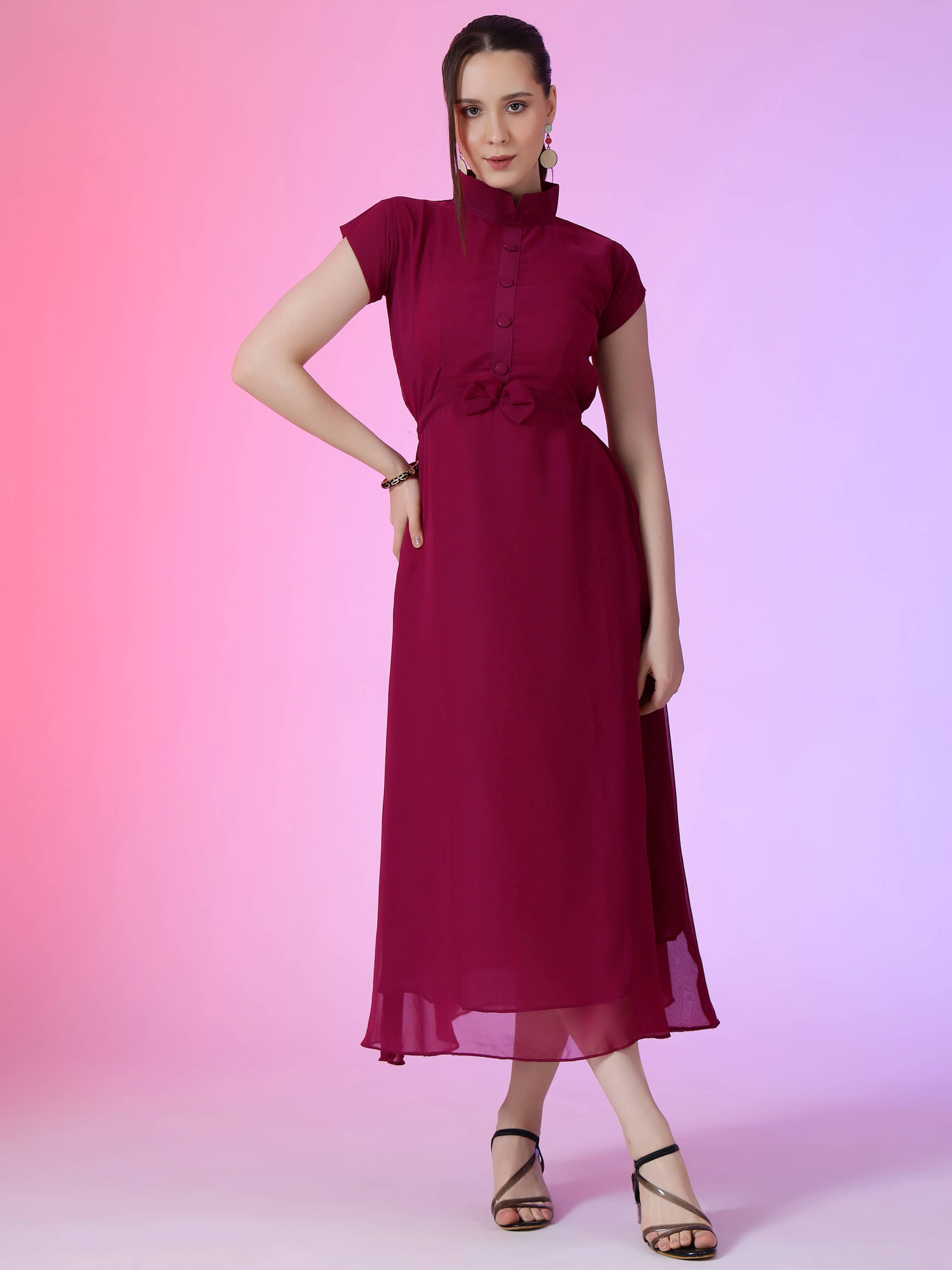     			Raiyani enterprise Women's Georgette Solid Fit & Flare Dress ( Wine )