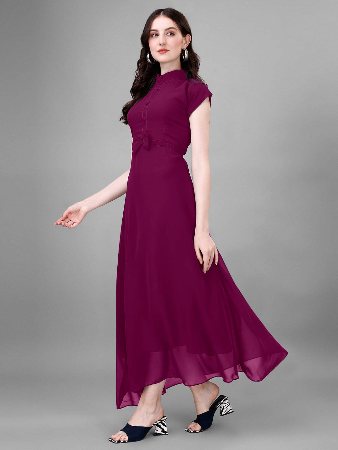 Raiyani enterprise Women's Georgette Solid Fit & Flare Dress ( Wine ) Raiyani enterprise Women's Georgette Solid Fit & Flare Dress ( Wine )