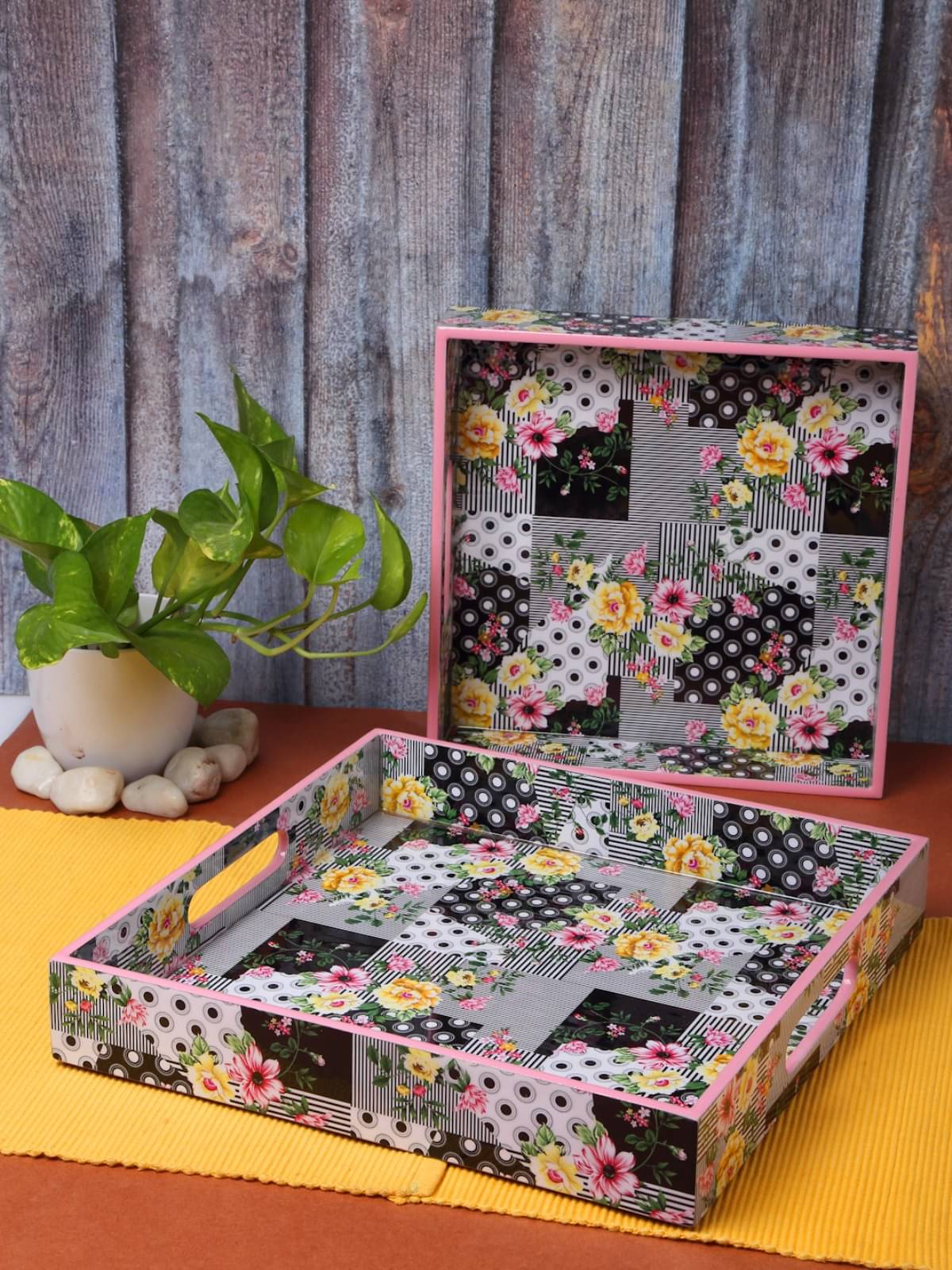     			Romee 2 Pcs Wooden Multi Color Tray