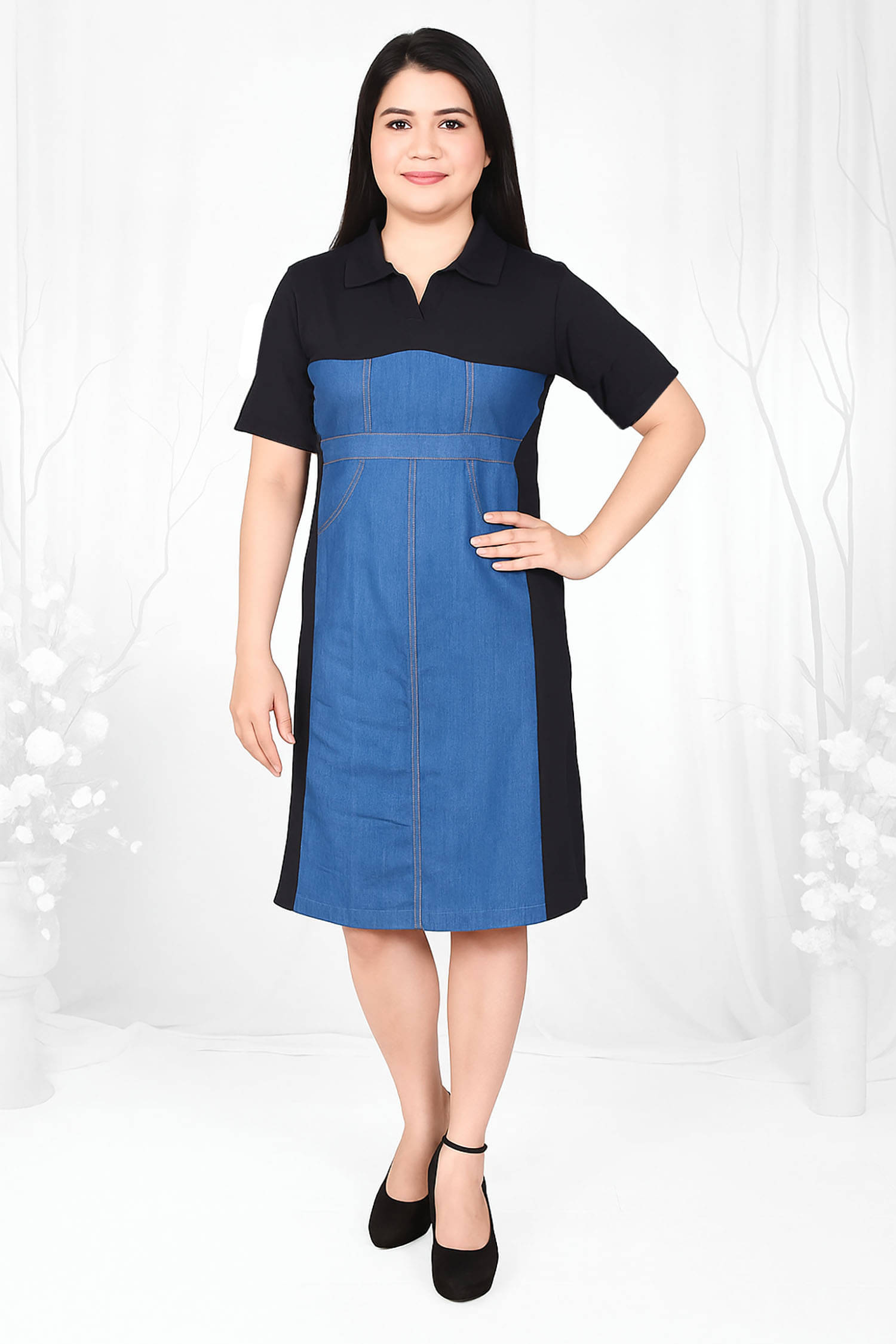 Shopeleven Women's Denim Colorblock A-line Dress ( Blue ) Shopeleven Women's Denim Colorblock A-line Dress ( Blue )