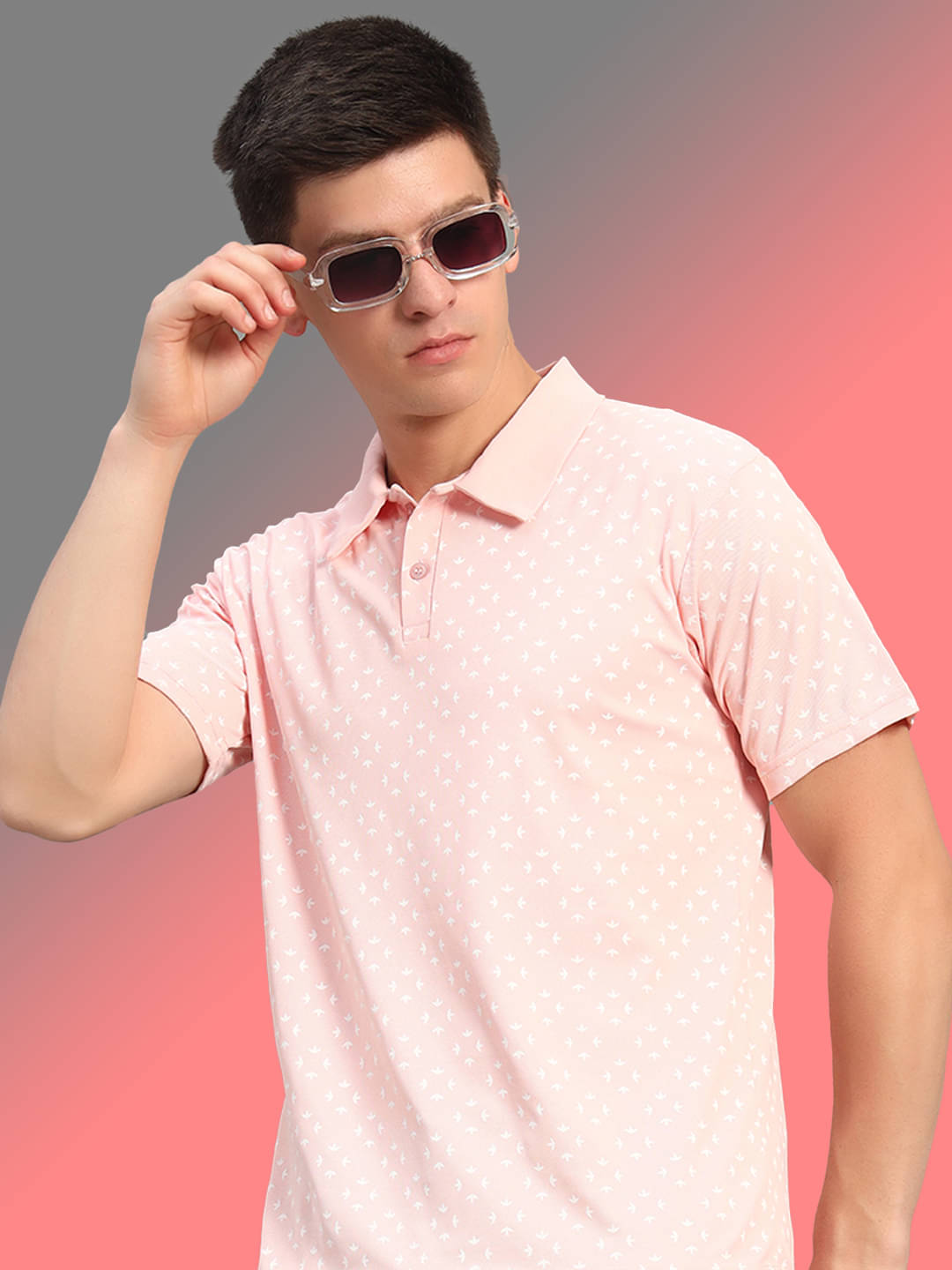     			THE CASUALS Men Cotton Blend Regular Fit Printed Polo T Shirt ( Peach )