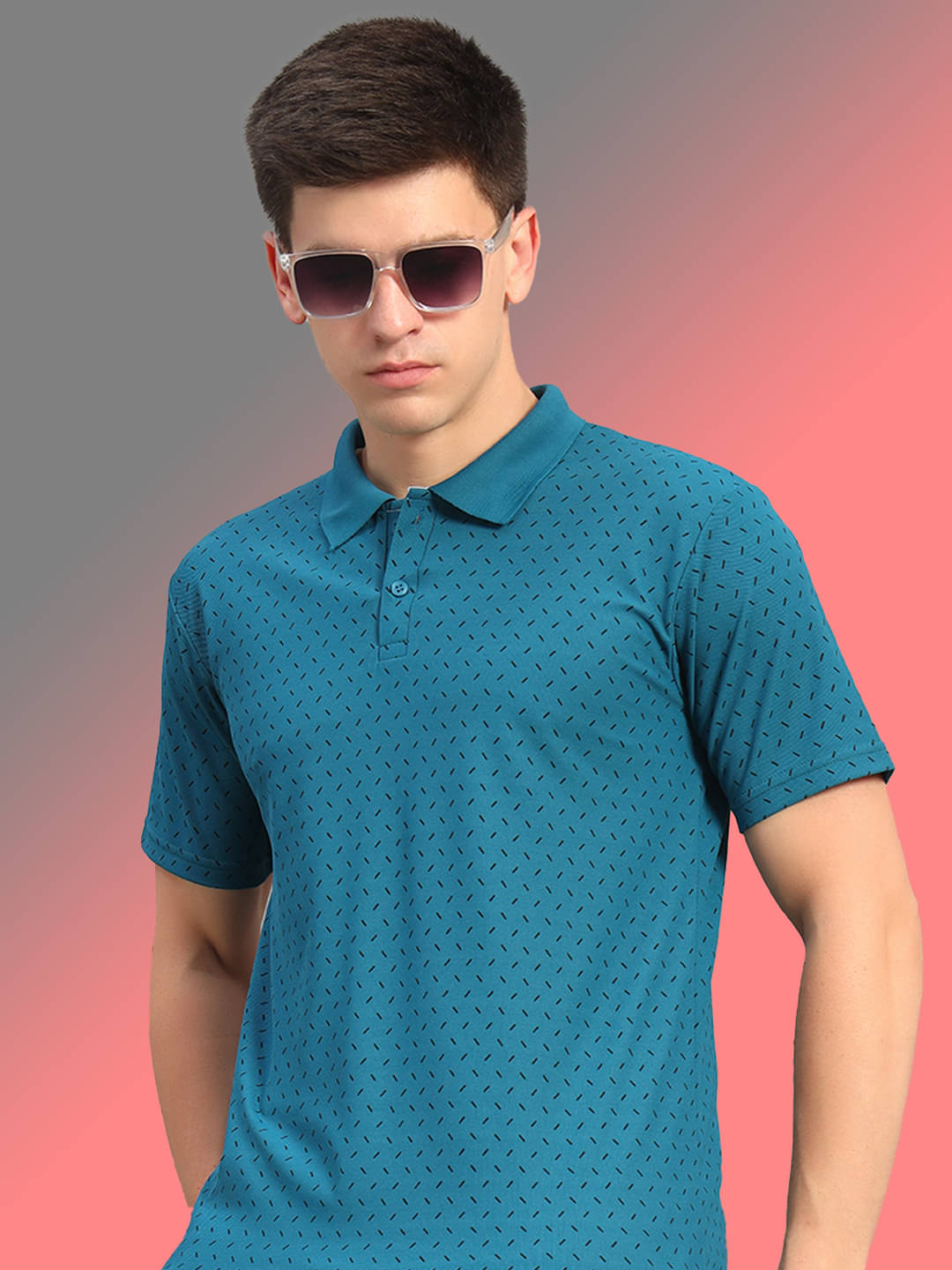     			THE CASUALS Men Cotton Blend Regular Fit Printed Polo T Shirt ( Teal Blue )