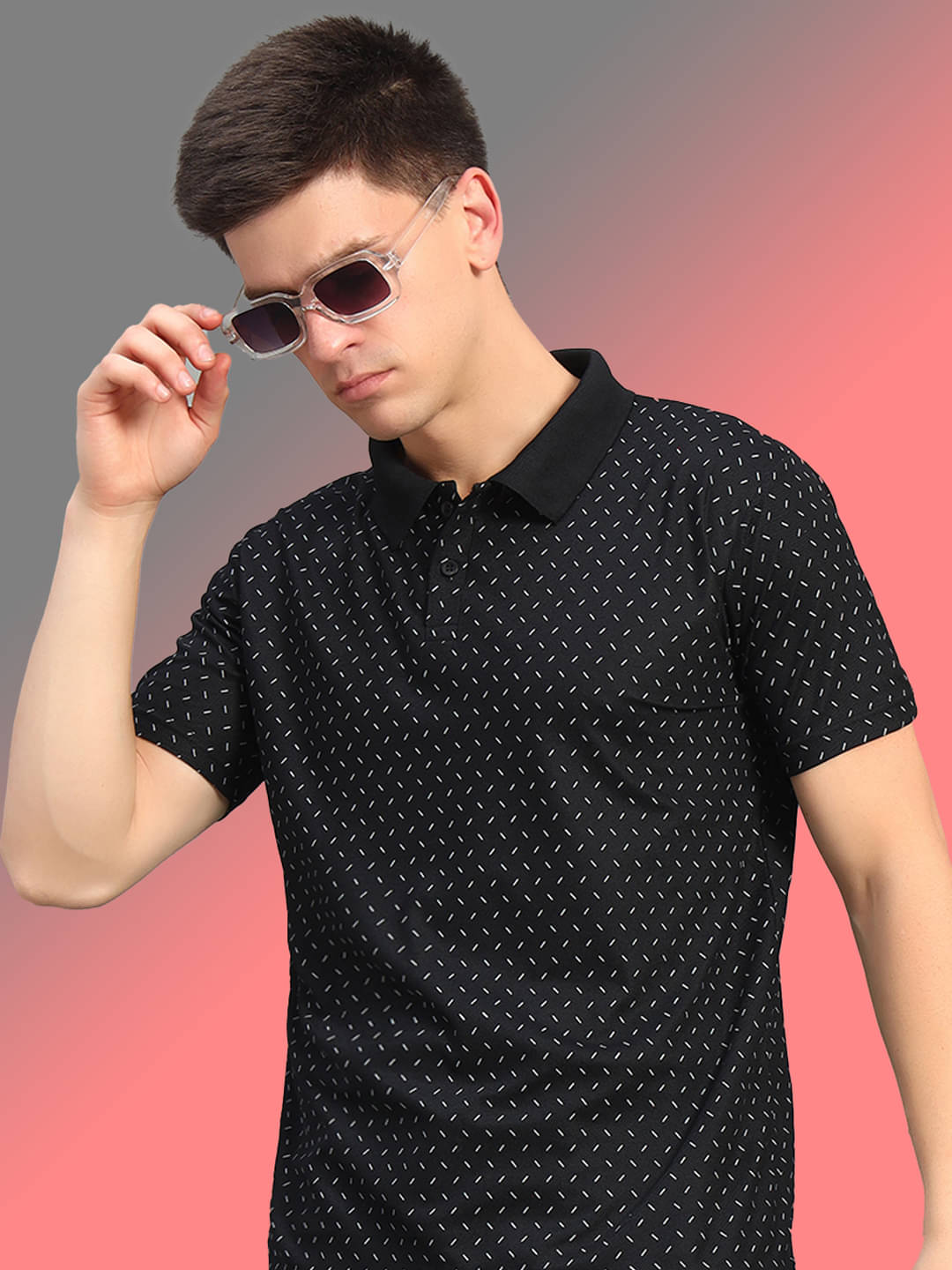 THE CASUALS Men Cotton Blend Regular Fit Printed Polo T Shirt ( Black )     			THE CASUALS Men Cotton Blend Regular Fit Printed Polo T Shirt ( Black )