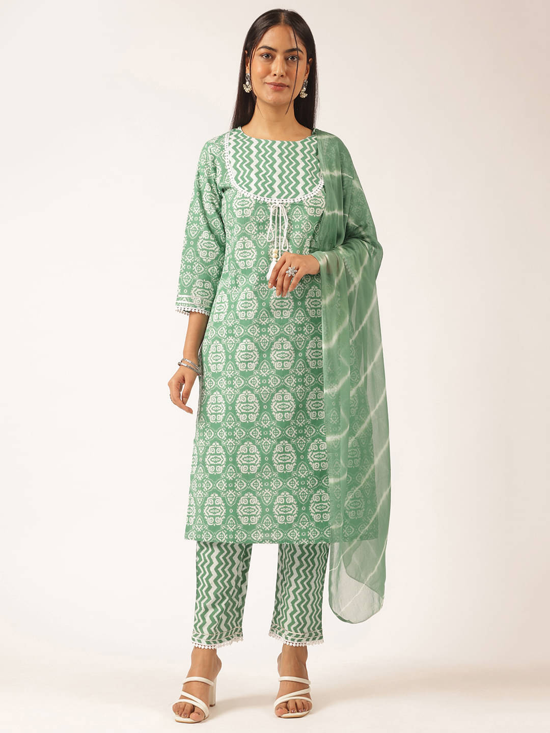     			Vbuyz Women Cotton Printed Straight Kurti With Pants ( Sea Green )