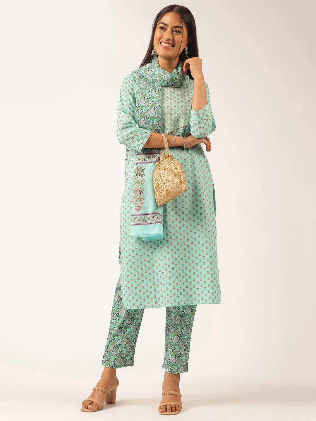     			Vbuyz Women Cotton Printed Straight Kurti With Pants ( Turquoise )