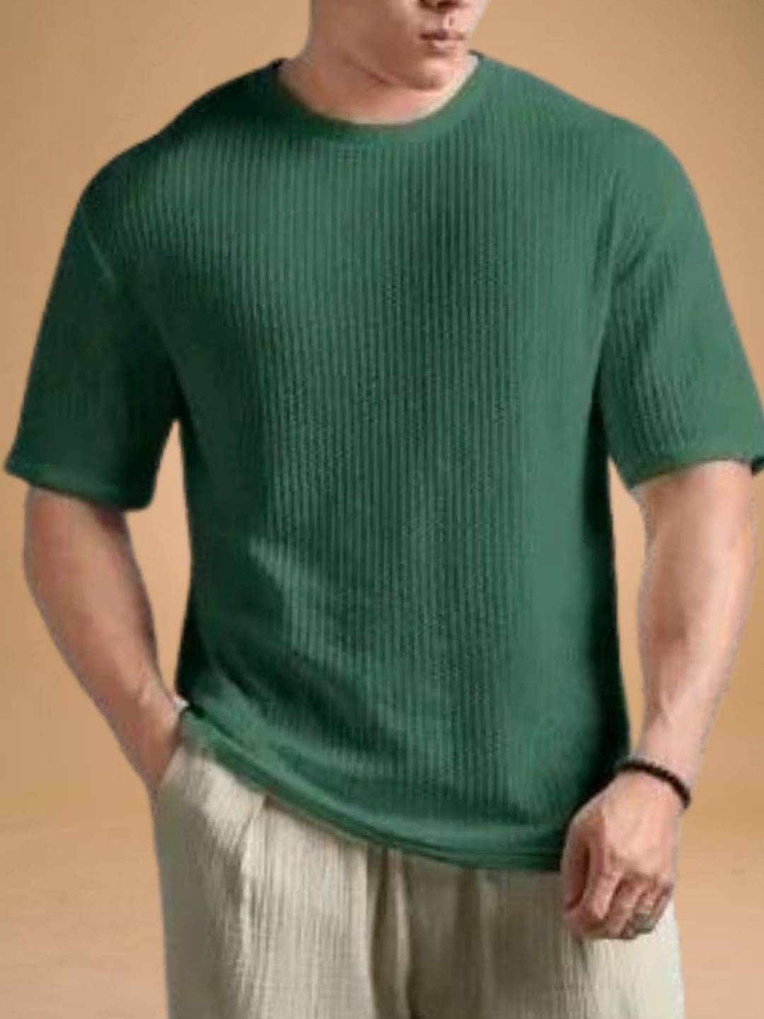     			WAY TO TRENDY Men Cotton Blend Oversized Fit Self Design T-Shirt ( Green )
