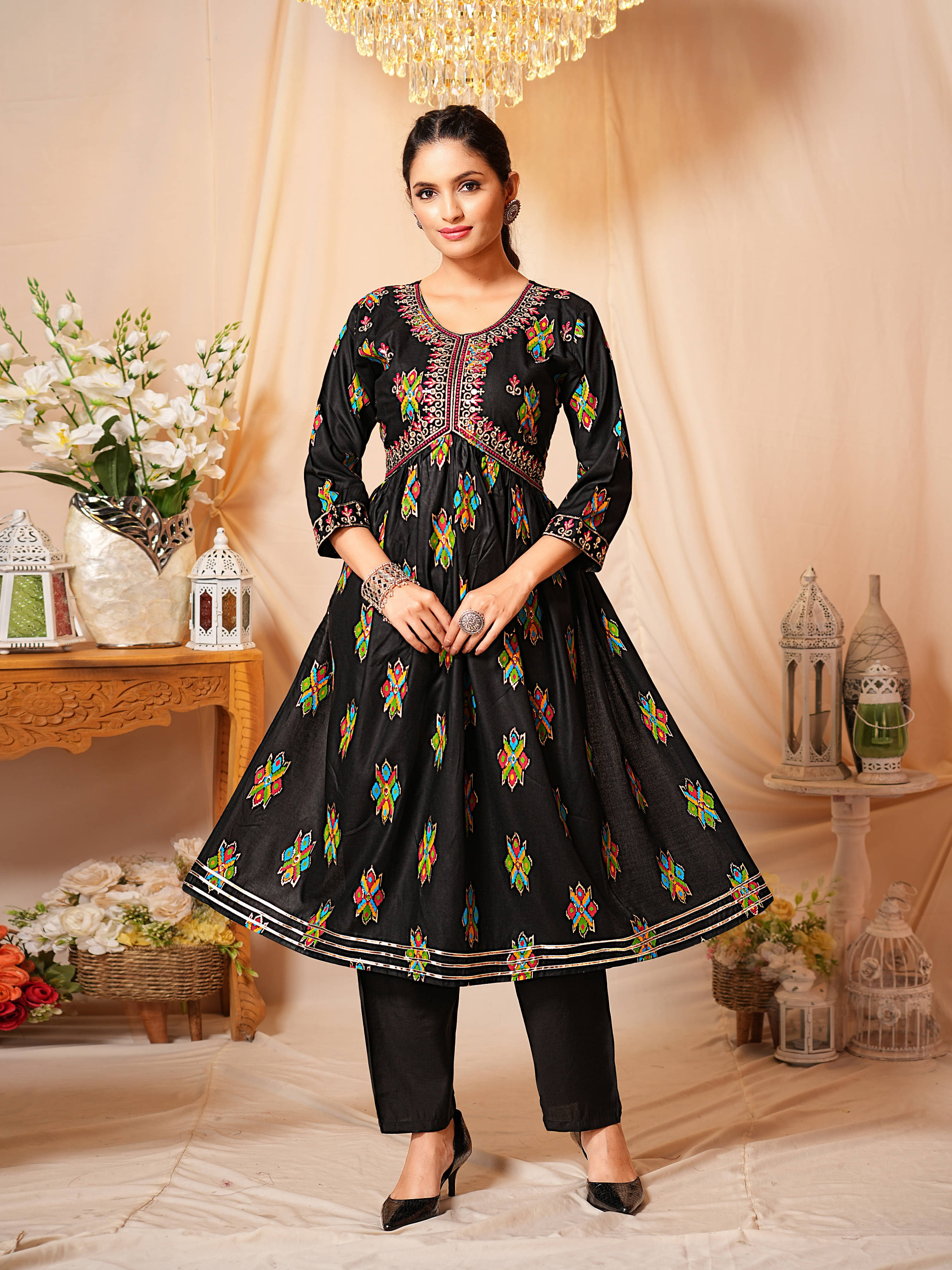 anushansa Women Viscose Printed Anarkali Kurti With Pants ( Black ) anushansa Women Viscose Printed Anarkali Kurti With Pants ( Black )