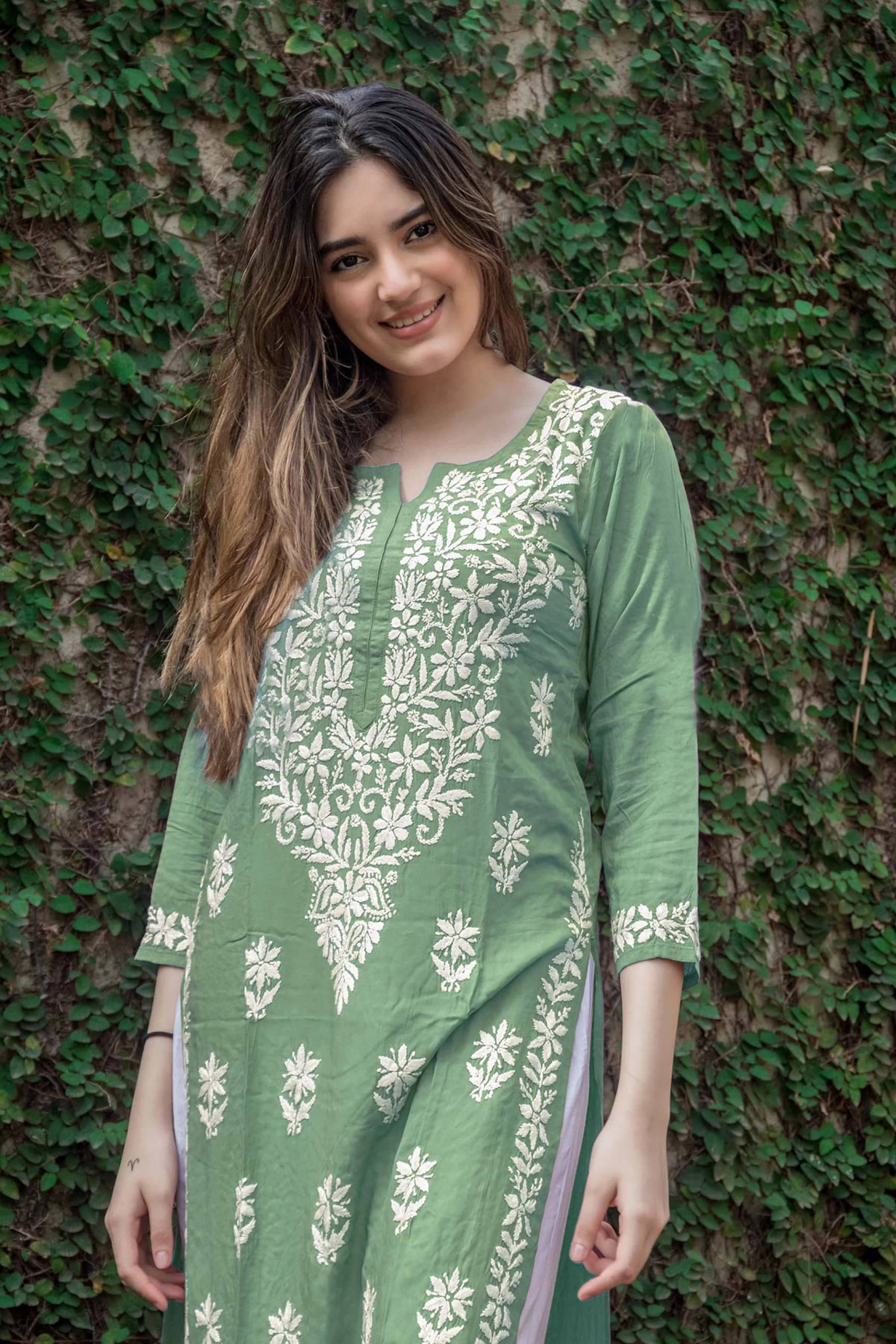 anushansa Women's Cotton Blend Embroidered Straight Kurti - ( Green ) - Kurtis, Tunics | Buy online on ZillyBuy