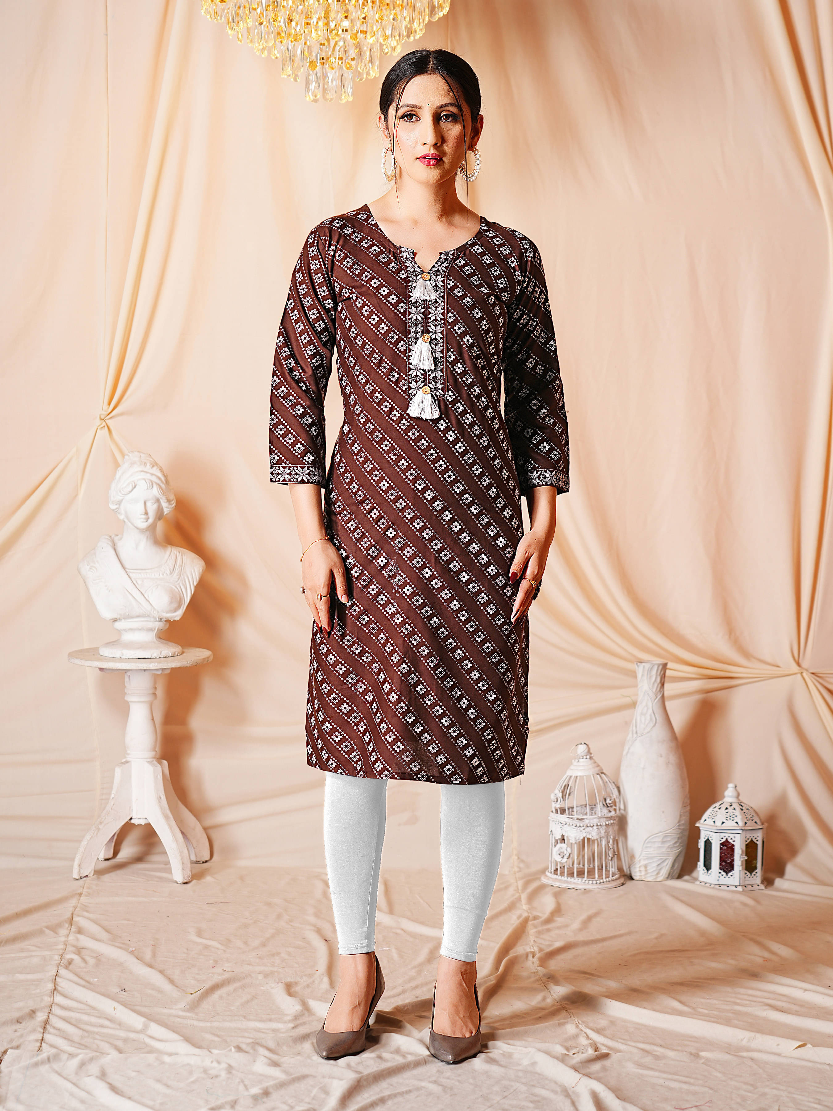     			anushansa Women's Viscose Rayon Printed A-line Kurti - ( Brown )