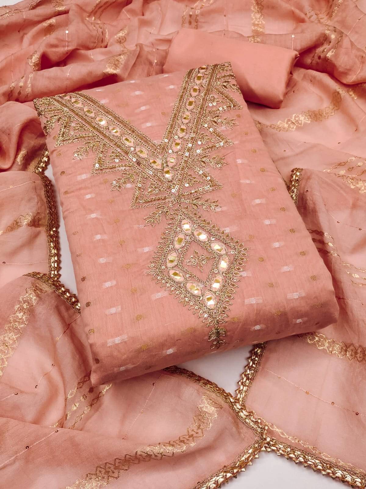 ALSHOP Women Chanderi Unstitched Dress Material ( Peach ) ALSHOP Women Chanderi Unstitched Dress Material ( Peach )