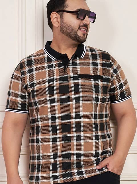 AUSTIVO Men Cotton Blend Regular Fit Checks Polo T Shirt ( Brown )