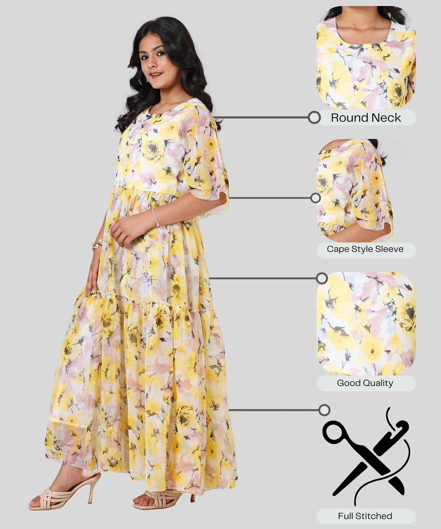     			Aarya Designer Georgette Dress For Girls ( Pack of 1 , Yellow )
