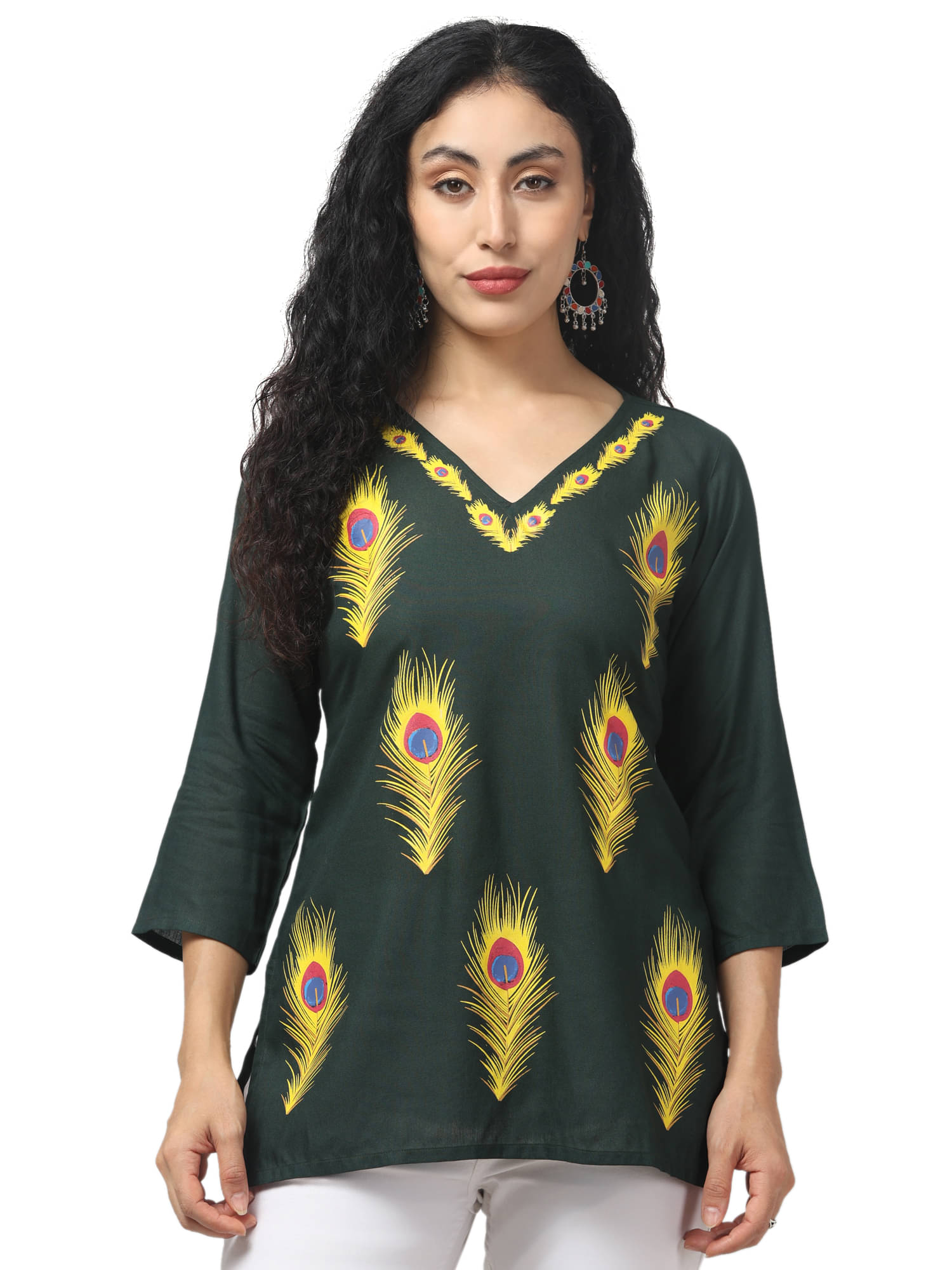     			Aura Glam Women's Viscose Rayon Printed Straight Kurti - ( Dark Green )