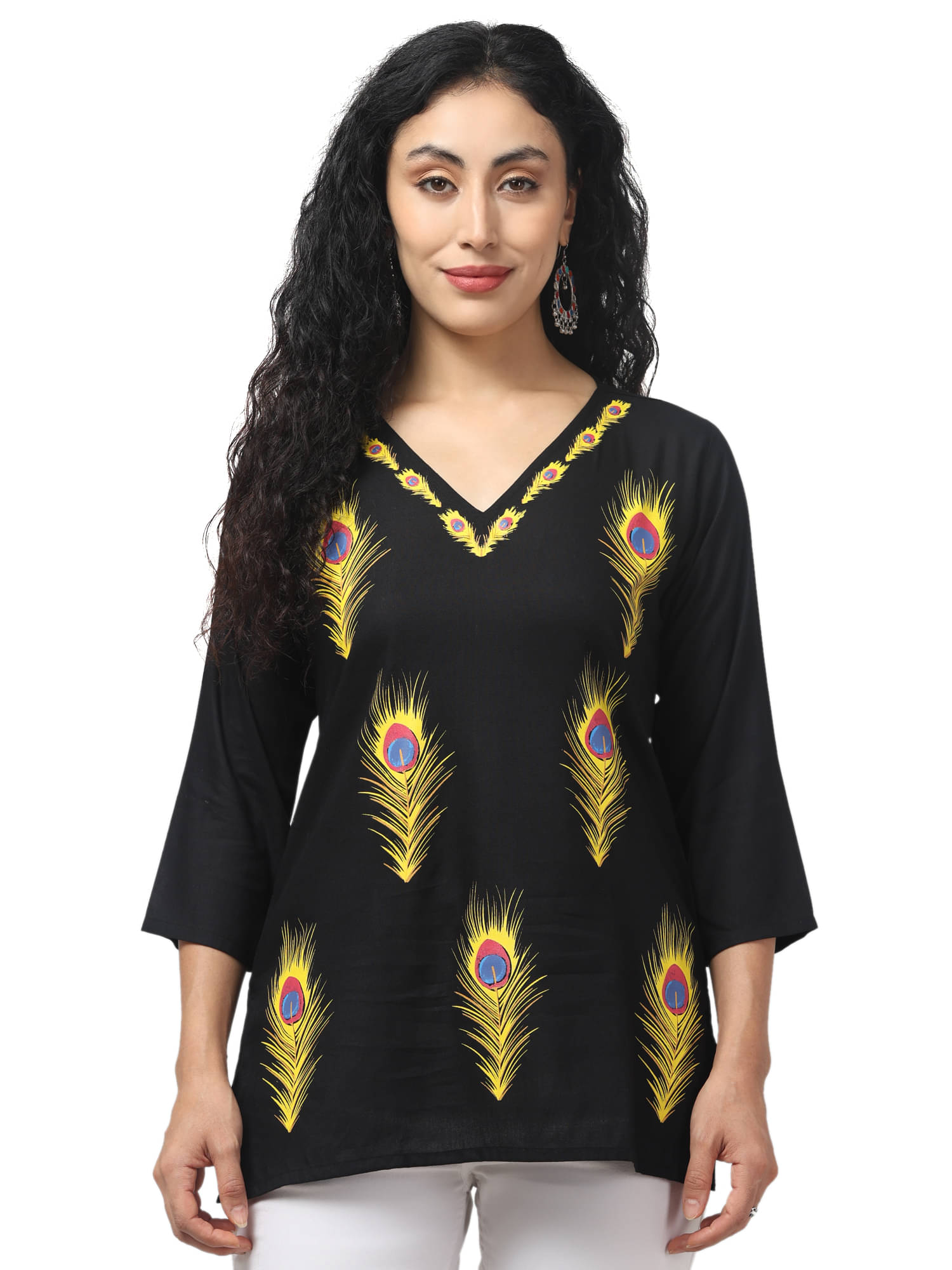 Aura Glam Women's Viscose Rayon Printed Straight Kurti - ( Black ) Aura Glam Women's Viscose Rayon Printed Straight Kurti - ( Black )