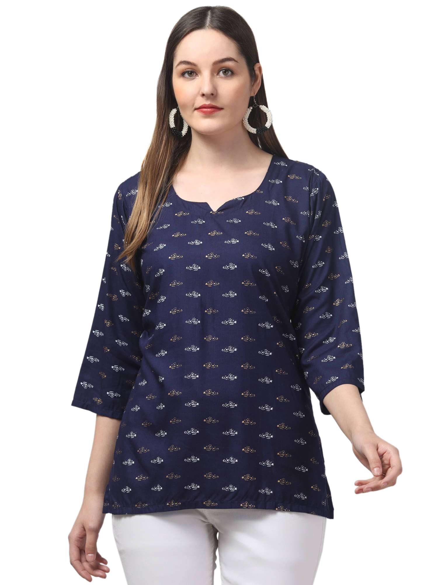 Aura Glam Women's Viscose Rayon Printed Straight Kurti - ( Navy Blue ) Aura Glam Women's Viscose Rayon Printed Straight Kurti - ( Navy Blue )