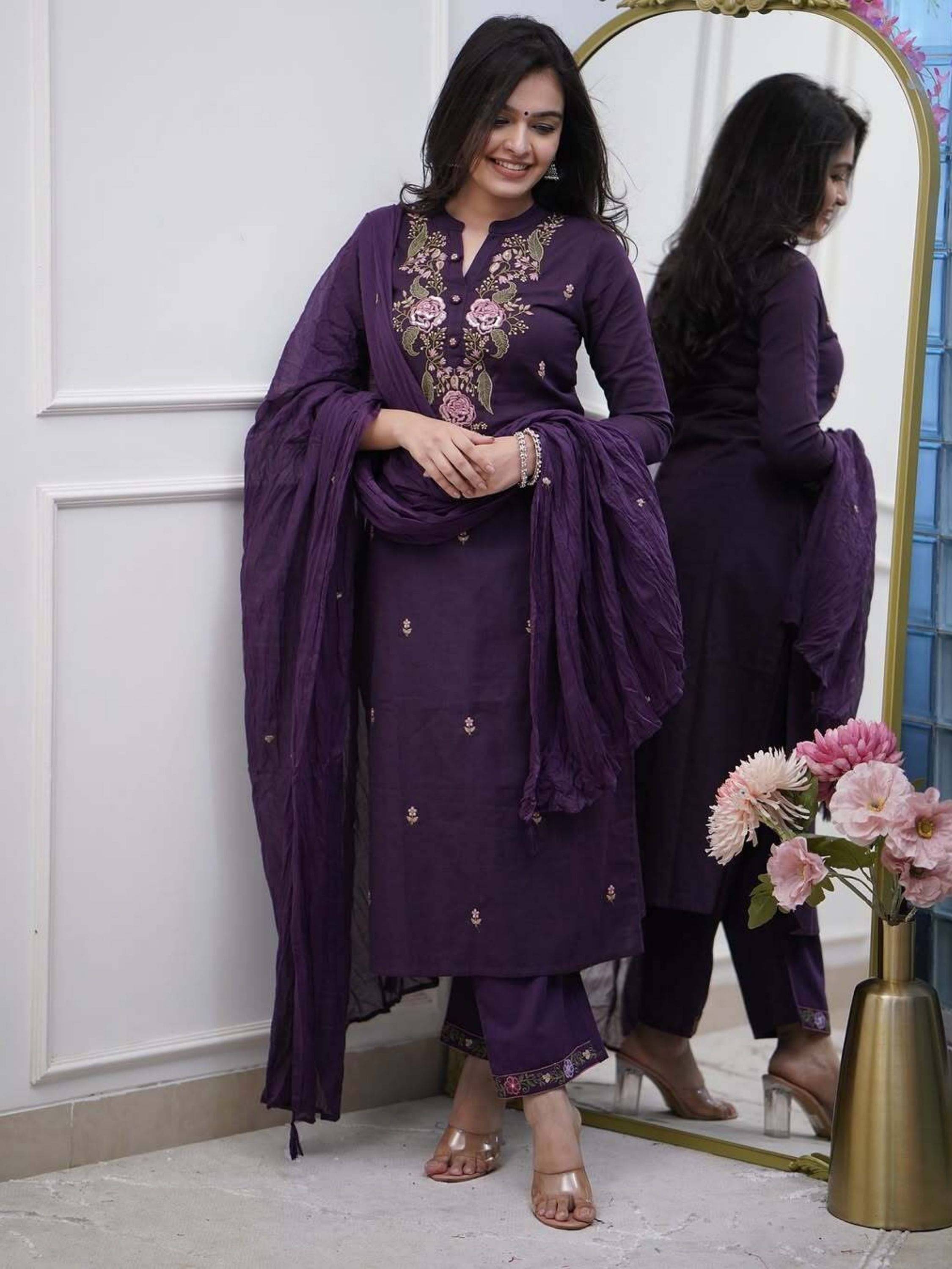     			Eeloo Women Rayon Embroidered Straight Kurti With Pants ( Purple )
