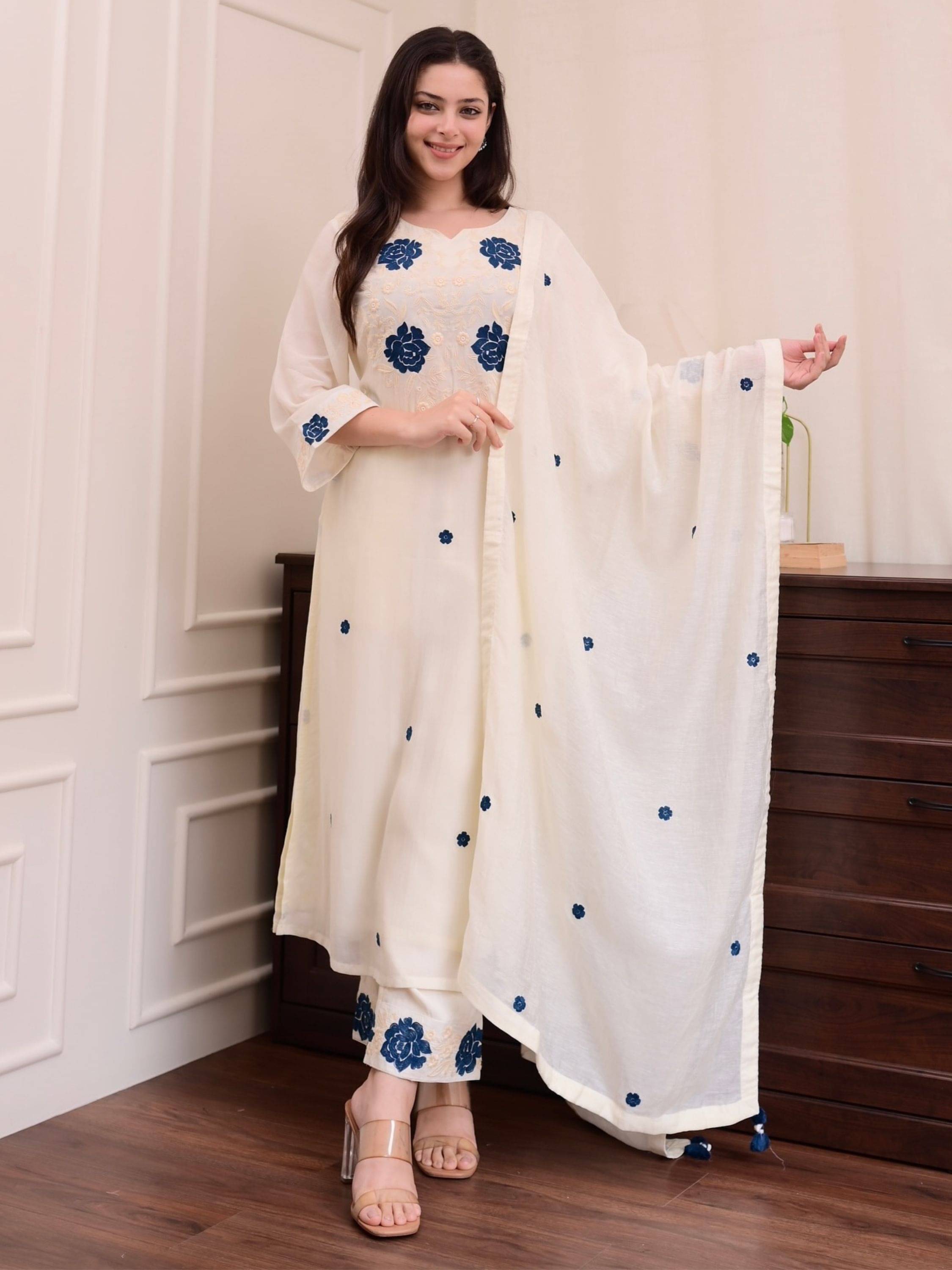     			Eeloo Women Rayon Embroidered Straight Kurti With Pants ( Off White )