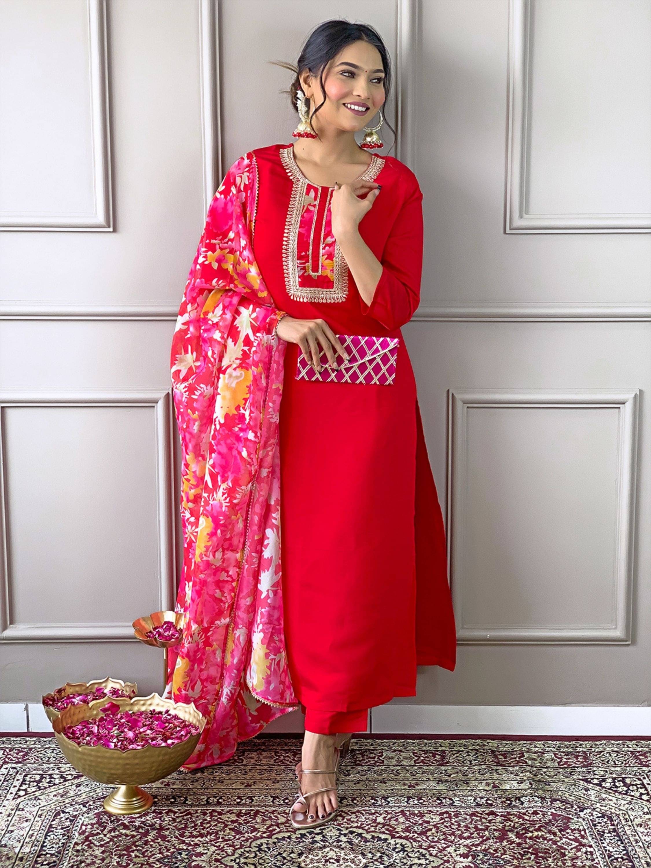 Eeloo Women Rayon Embroidered Straight Kurti With Pants ( Red ) Eeloo Women Rayon Embroidered Straight Kurti With Pants ( Red )