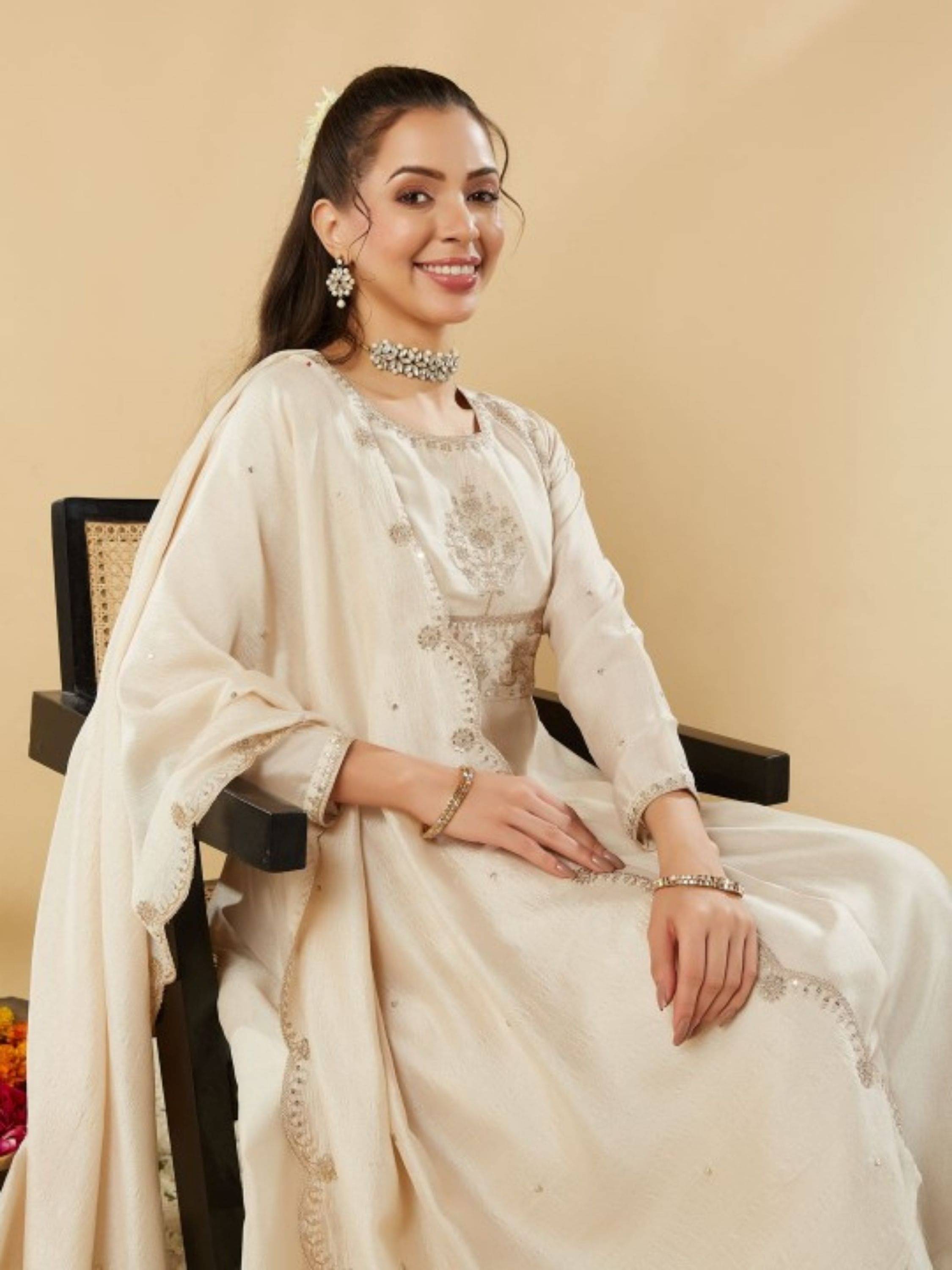 Eeloo Women Silk Embroidered Straight Kurti With Pants ( Cream ) Eeloo Women Silk Embroidered Straight Kurti With Pants ( Cream )