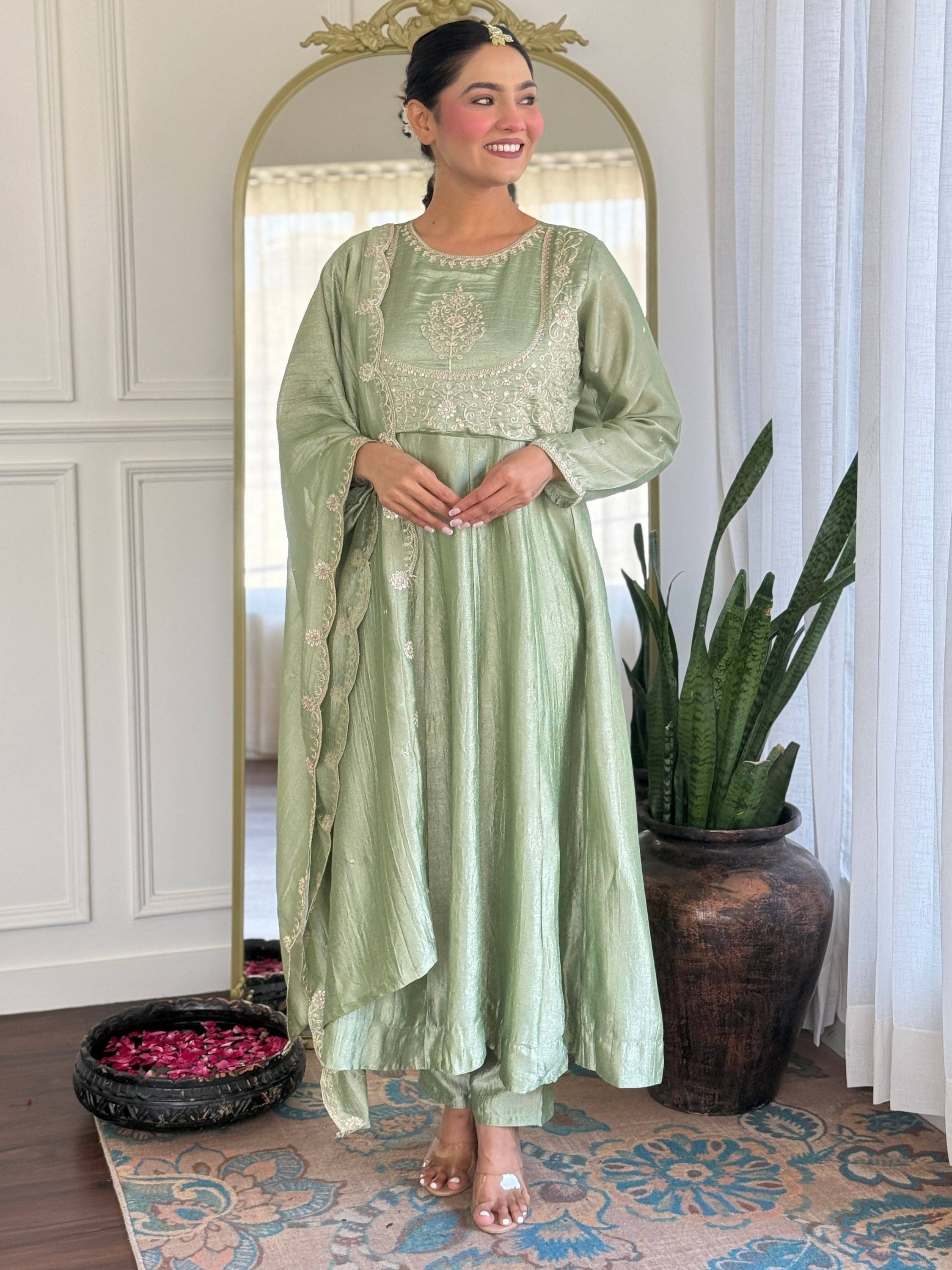 Eeloo Women Silk Embroidered Straight Kurti With Pants ( Olive ) Eeloo Women Silk Embroidered Straight Kurti With Pants ( Olive )