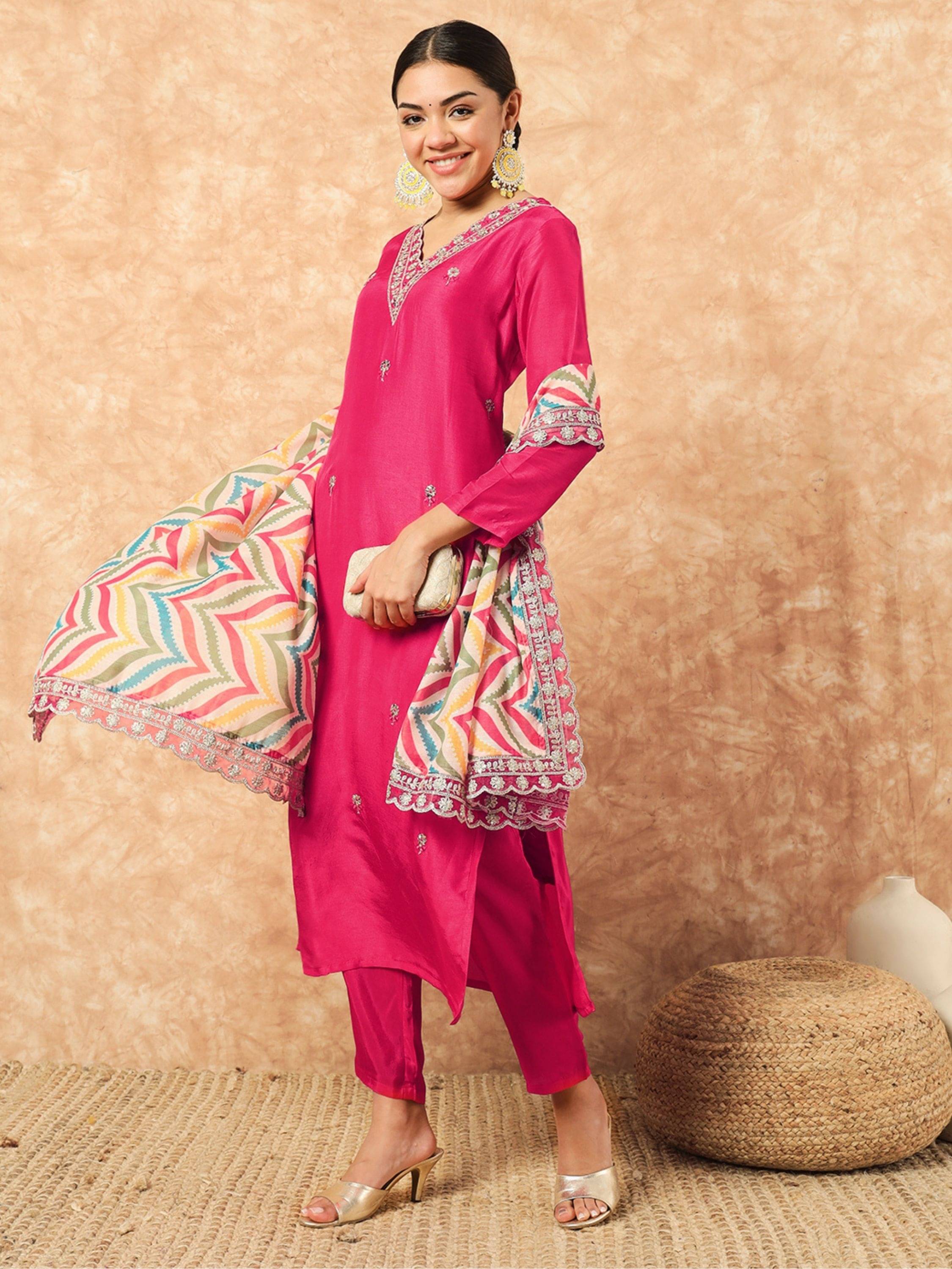 Eeloo Women Viscose Embroidered Straight Kurti With Pants ( Pink ) Eeloo Women Viscose Embroidered Straight Kurti With Pants ( Pink )